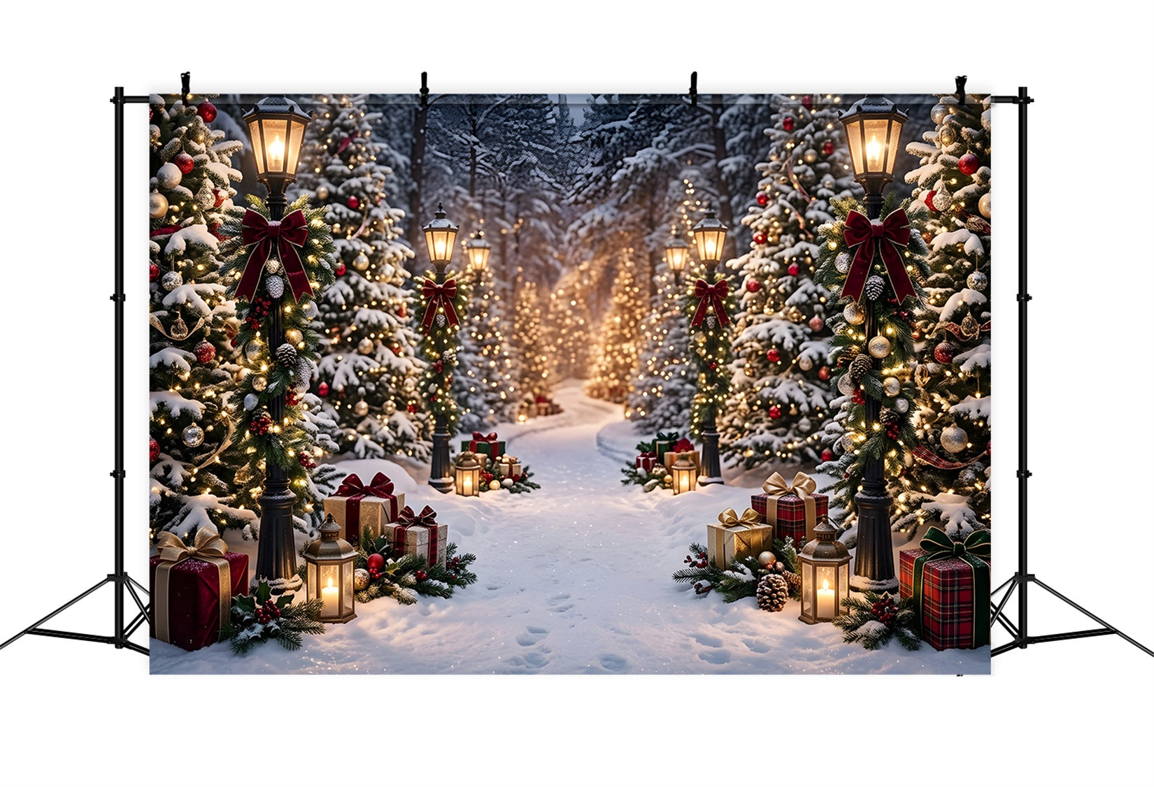 Toile de fond extérieure de Noël avec lanternes enneigées forêt et chemin de cadeaux CEM65-193