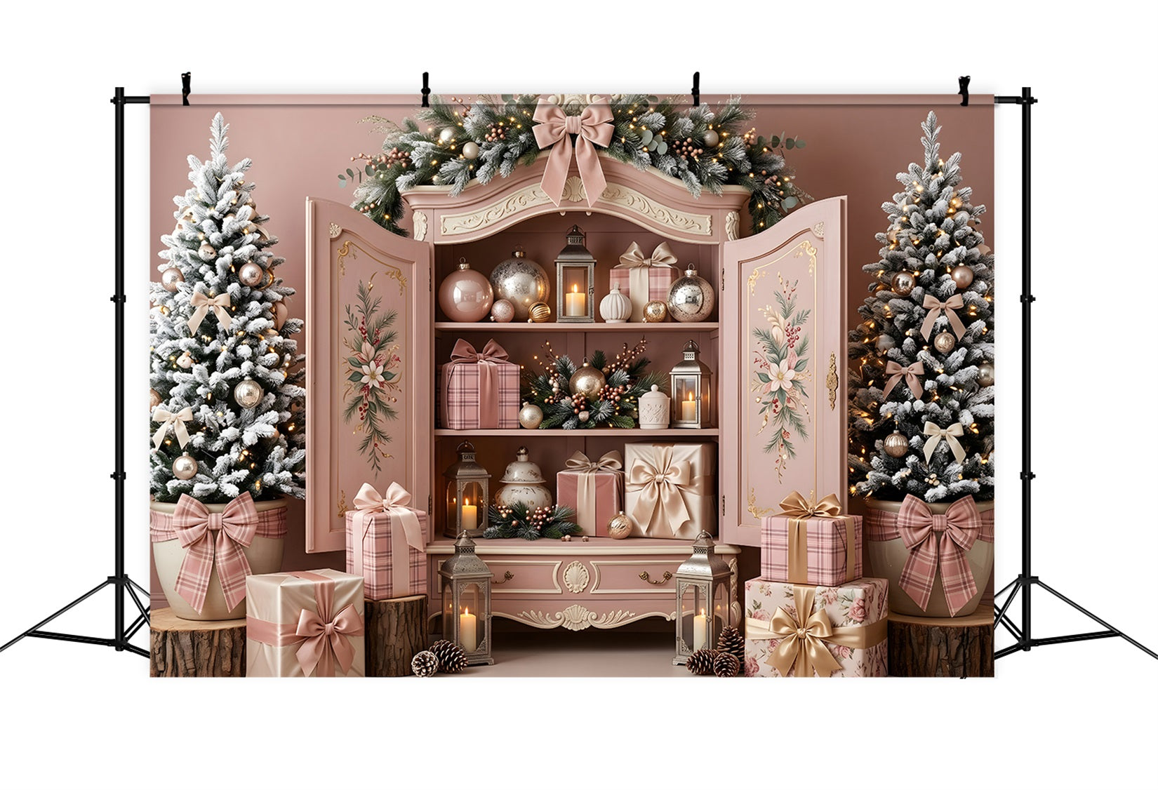 Toile de fond rose de Noël avec armoire pastel et ornements CEM65-195
