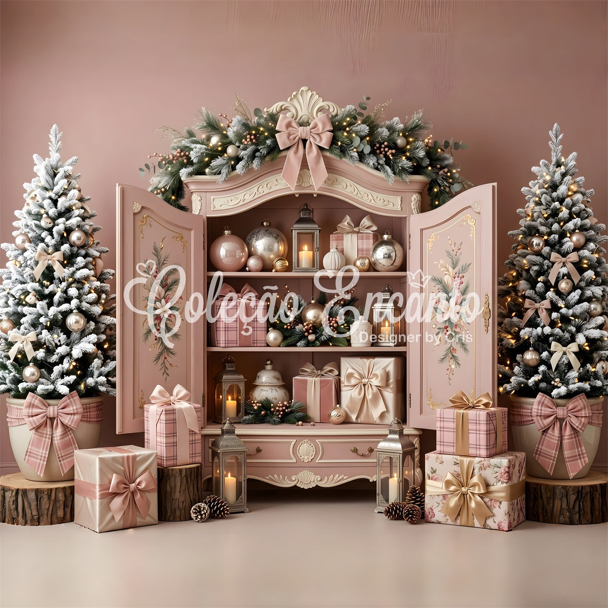 Toile de fond rose de Noël avec armoire pastel et ornements CEM65-195