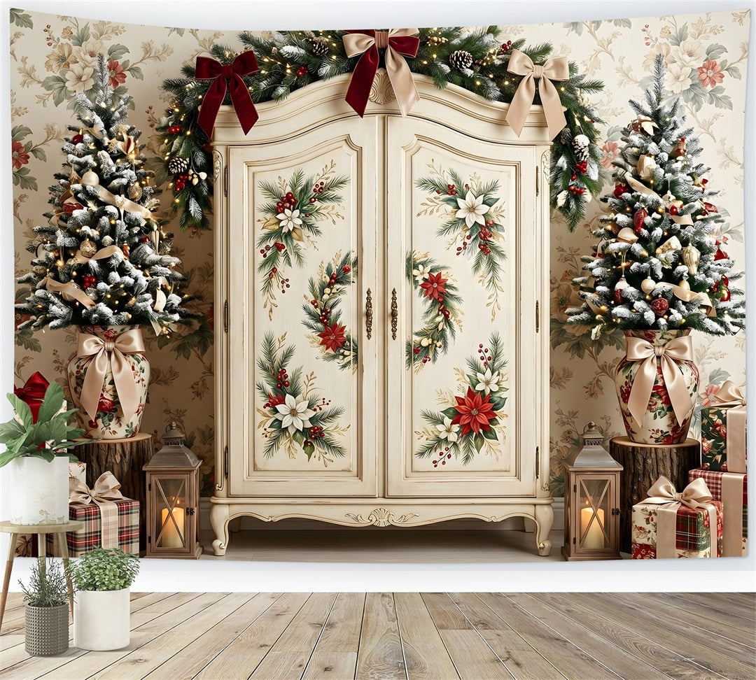 Toile de fond de Noël rétro avec armoire fleurie et sapin CEM65-199