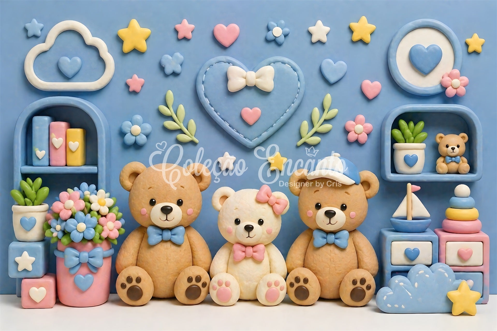 Toile de fond pour enfant et nouveau-né avec mur de chambre et ours en peluche pastel CEM65-2