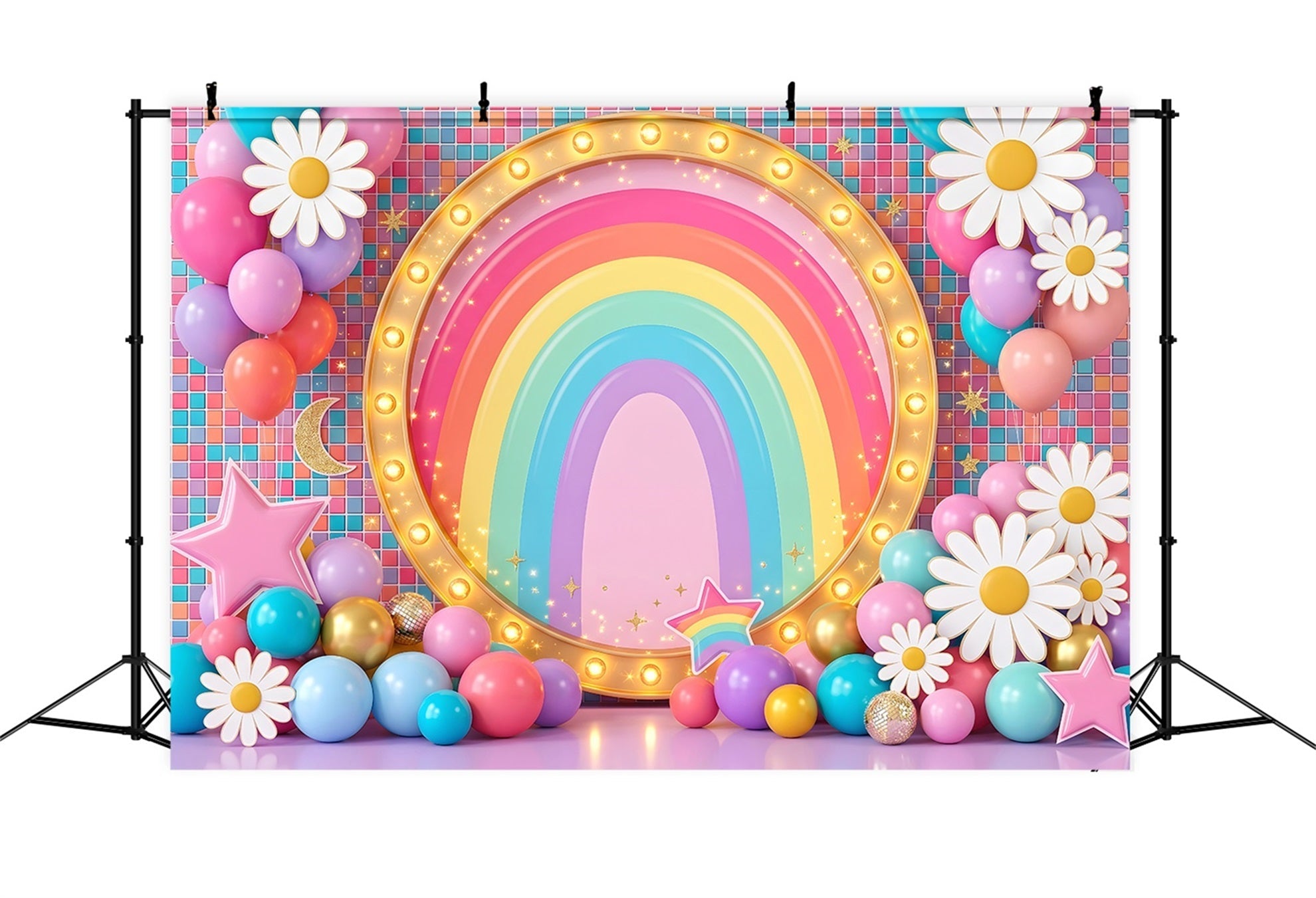 Toile de fond pour enfant et nouveau-né avec arc-en-ciel lumineux marguerites et ballons CEM65-20