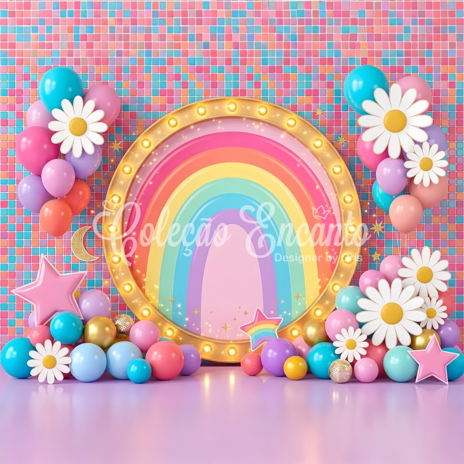 Toile de fond pour enfant et nouveau-né avec arc-en-ciel lumineux marguerites et ballons CEM65-20