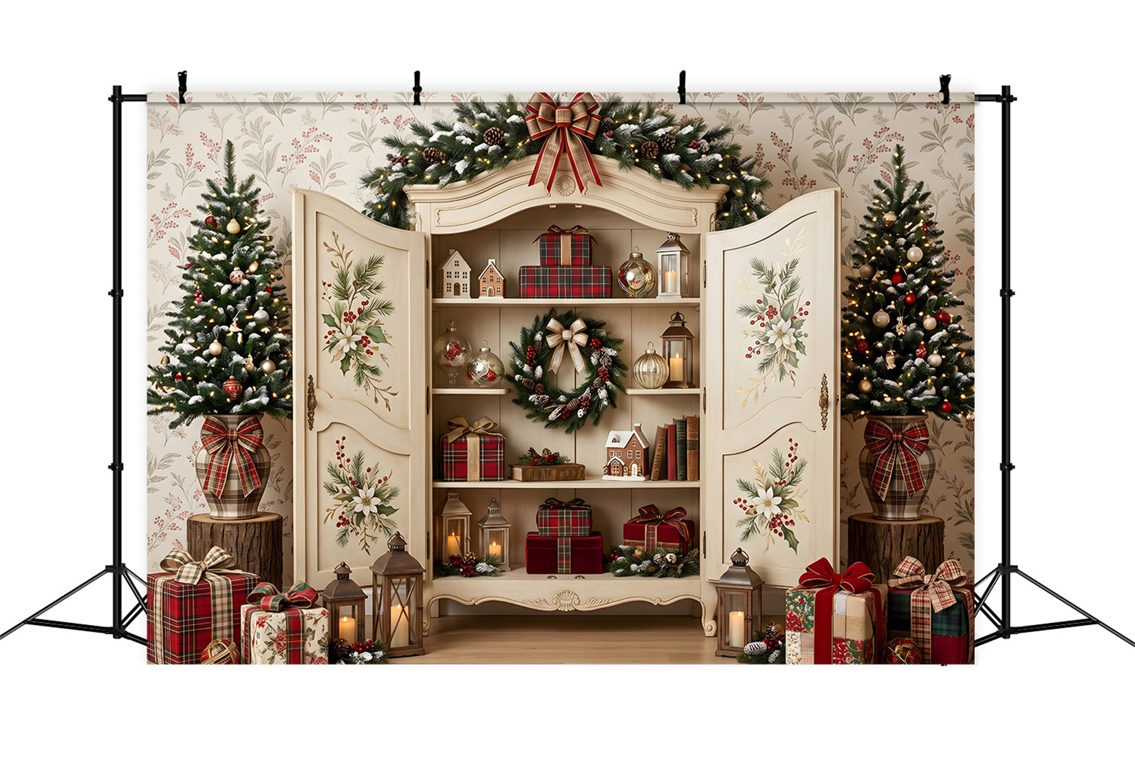 Toile de fond de Noël avec armoire fleurie ouverte et cadeaux CEM65-200