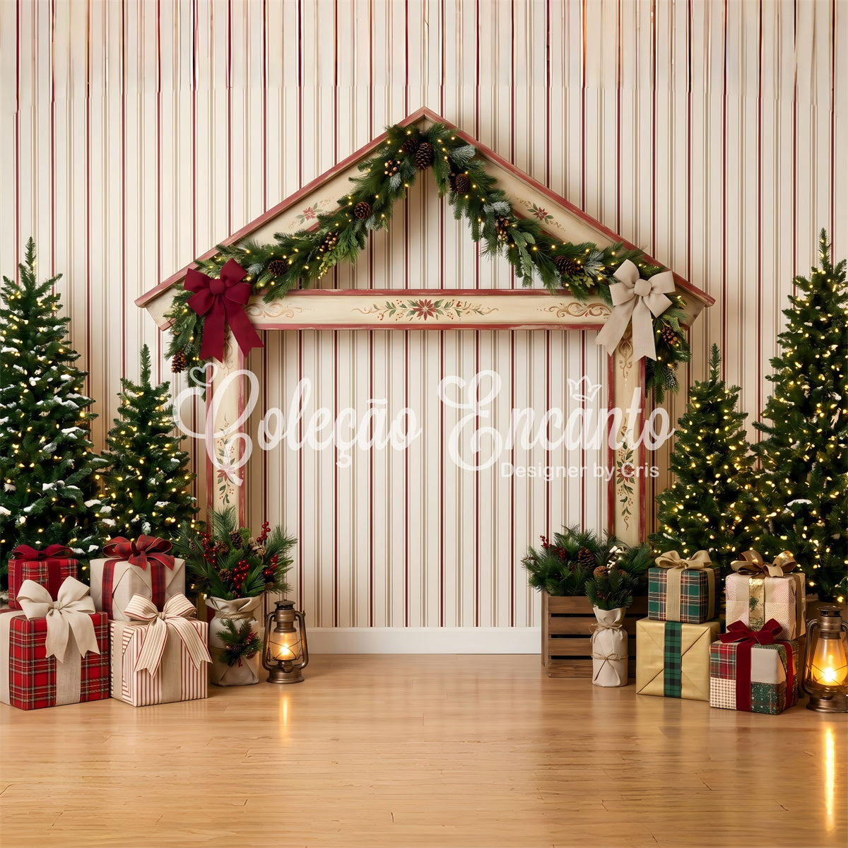 Toile de fond murale de Noël avec étal de marché rayé et décor festif CEM65-201