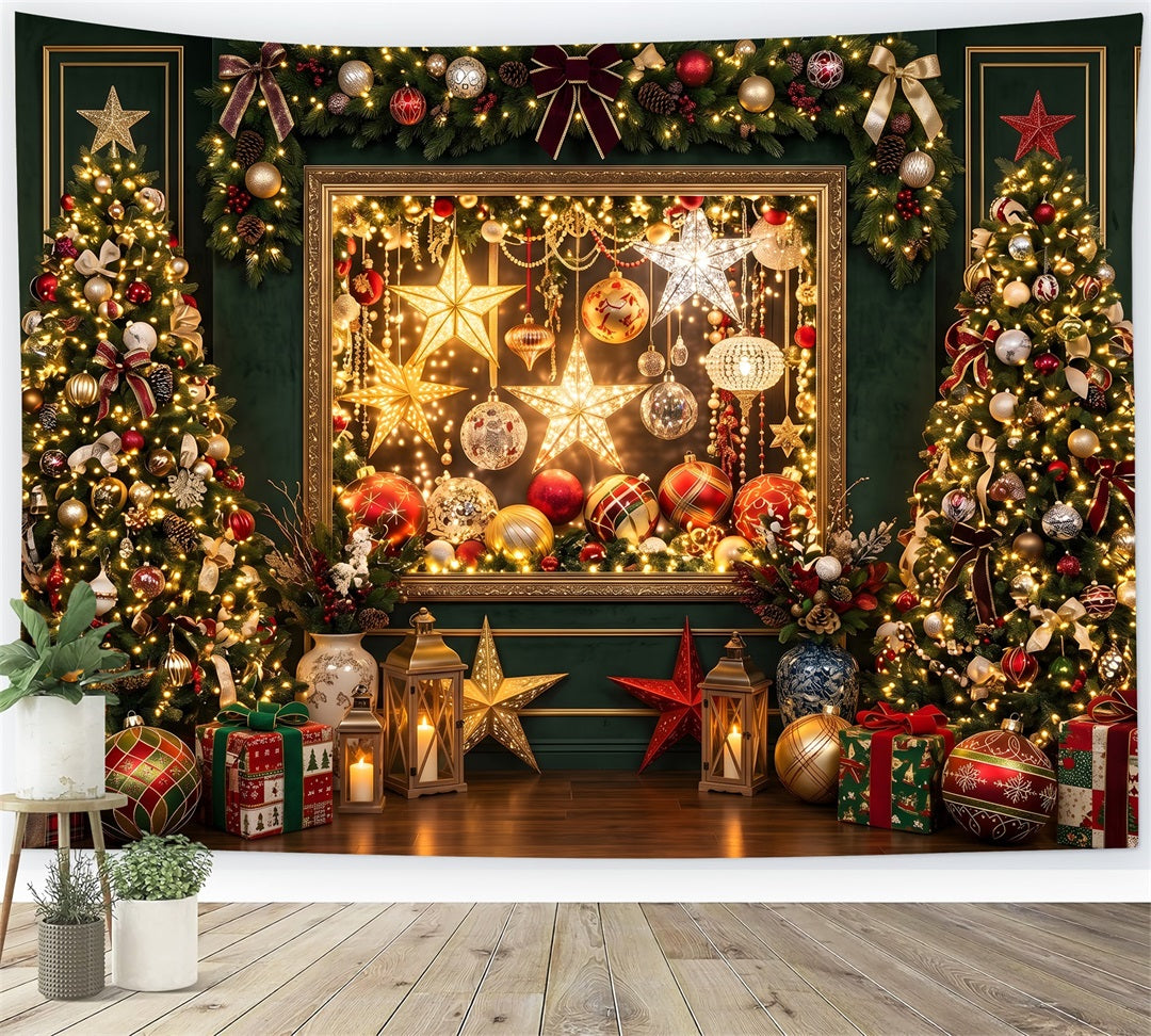 Toile de fond lumineuse de Noël avec galerie d’ornements émeraude et sapin CEM65-202