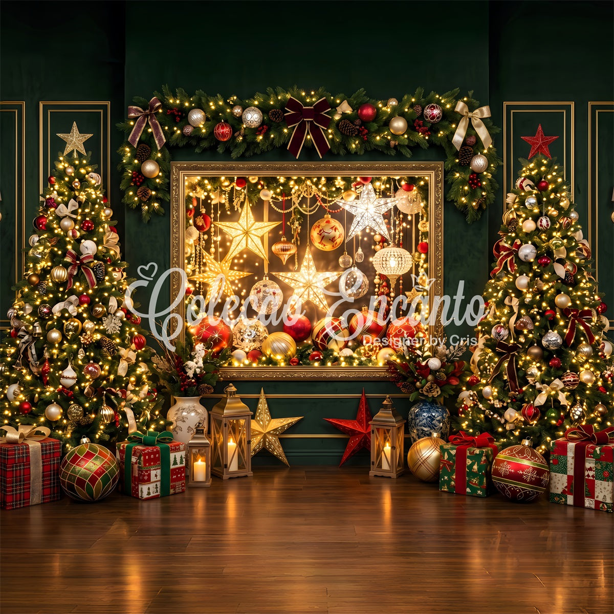 Toile de fond lumineuse de Noël avec galerie d’ornements émeraude et sapin CEM65-202