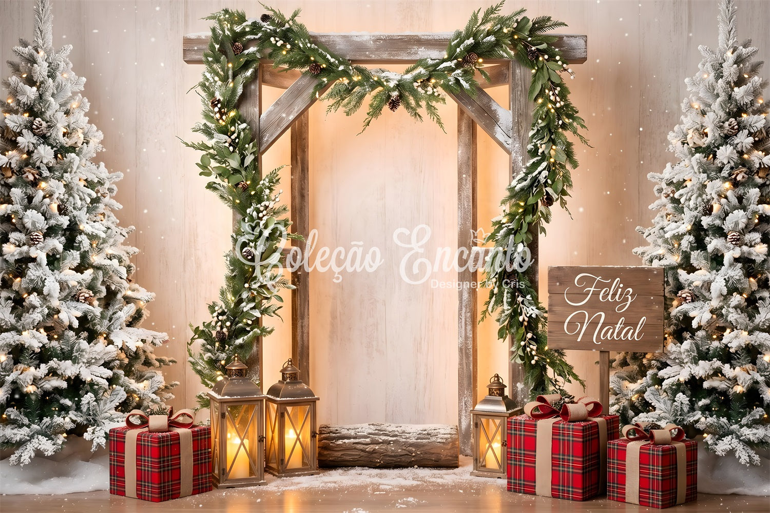 Toile de fond simple de Noël avec arche en bois givrée et lanterne CEM65-203