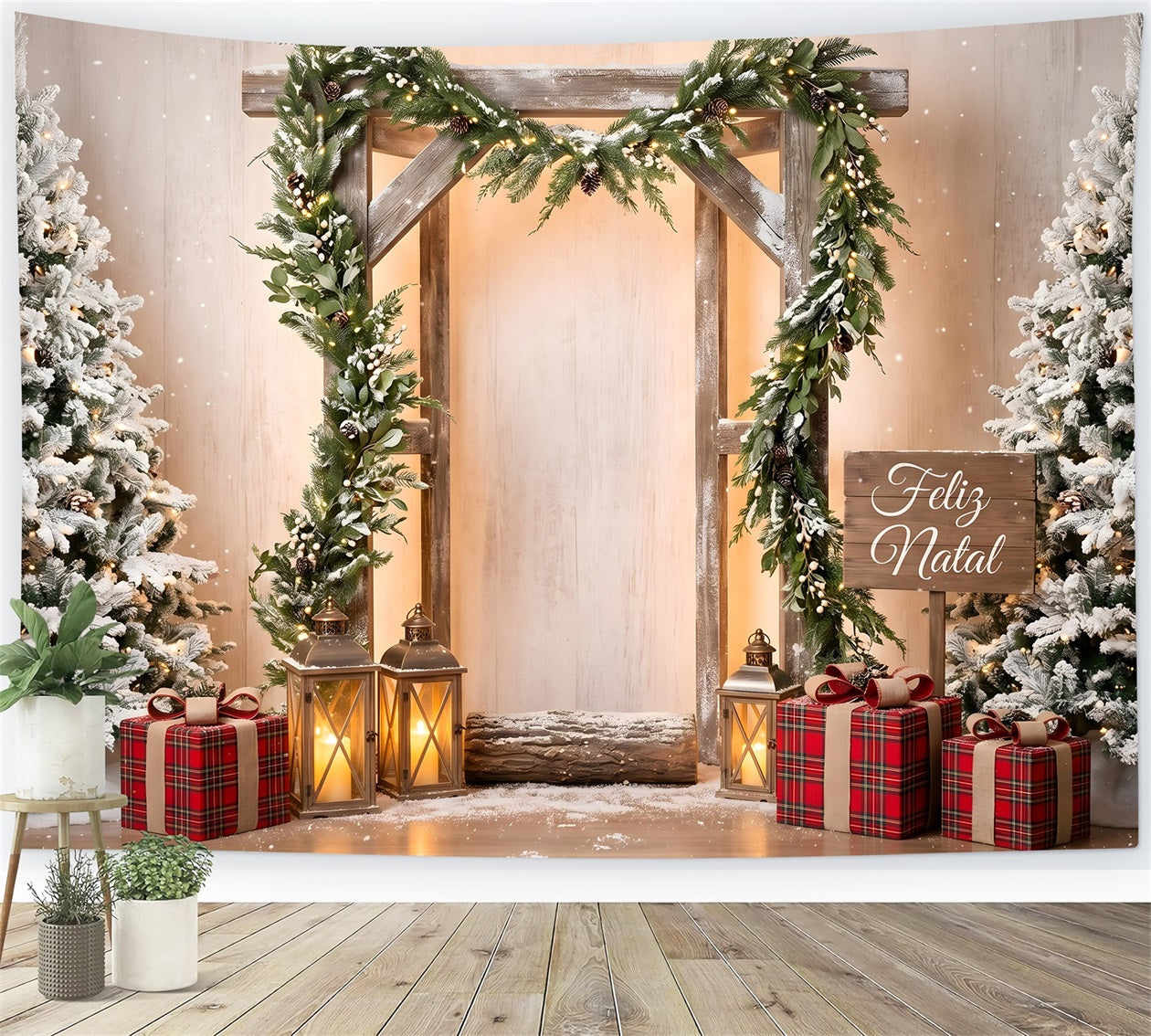 Toile de fond simple de Noël avec arche en bois givrée et lanterne CEM65-203