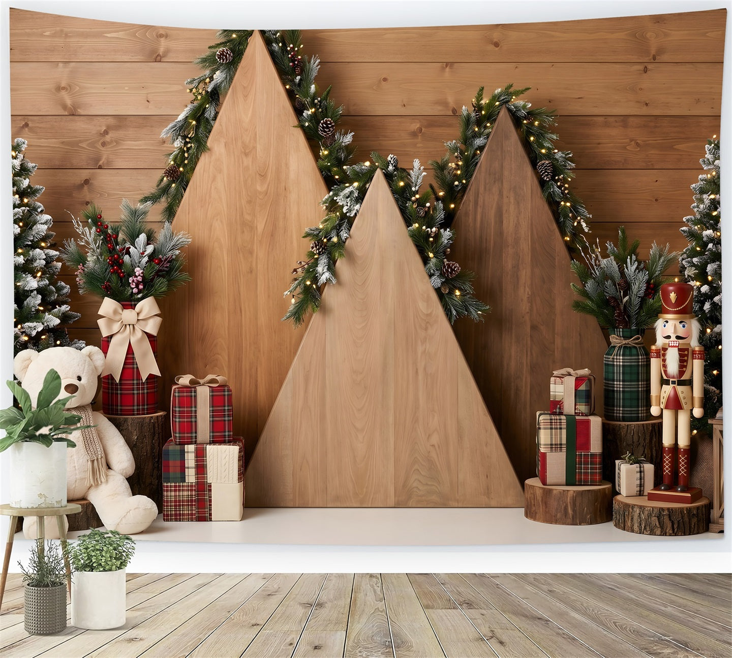 Toile de fond de Noël format 20 × 10 avec arche de maison rustique en bois CEM65-205