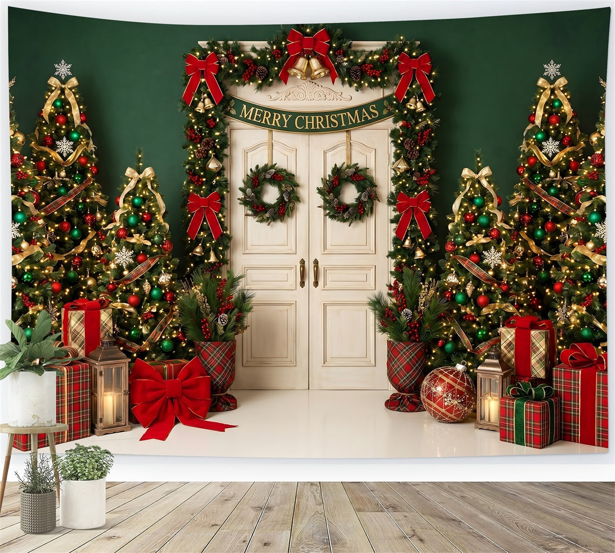 Toile de fond de Noël format 10 × 8 avec entrée émeraude et sapin festif CEM65-206