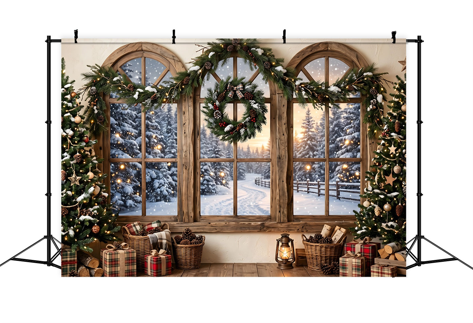 Toile de fond rustique de Noël avec fenêtre enneigée couronne et décor photo CEM65-207