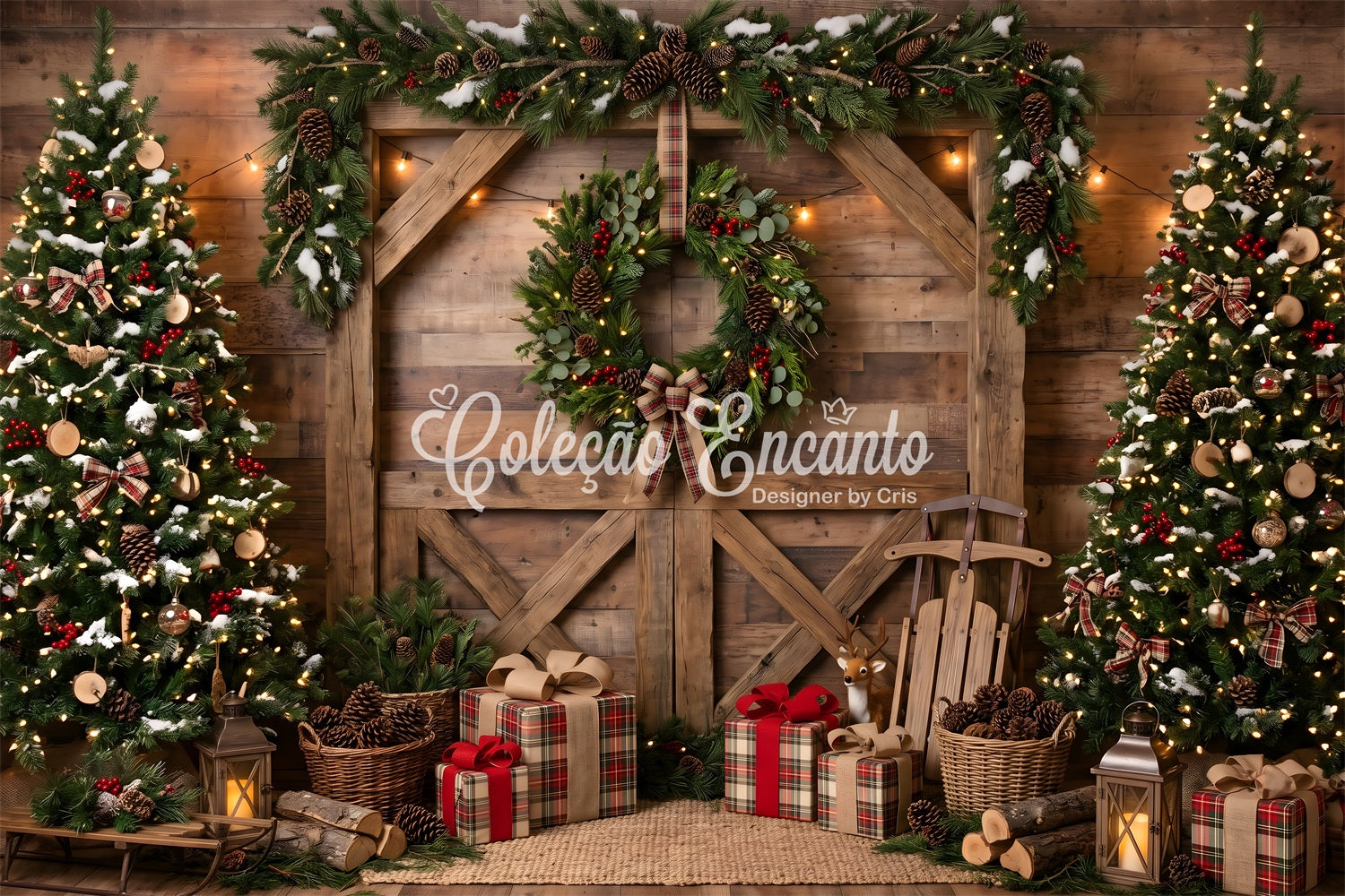Toile de fond de Noël avec grange rustique couronne et luge pour séance photo CEM65-208