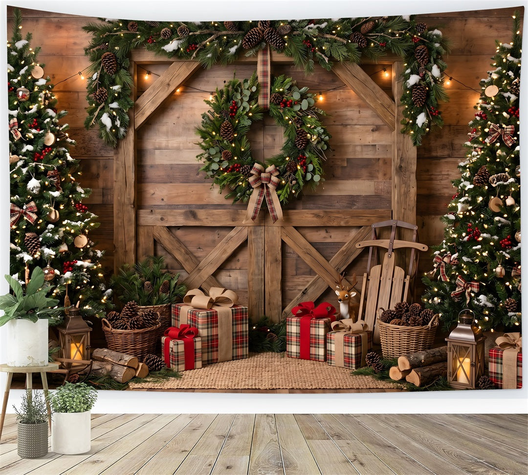 Toile de fond de Noël avec grange rustique couronne et luge pour séance photo CEM65-208