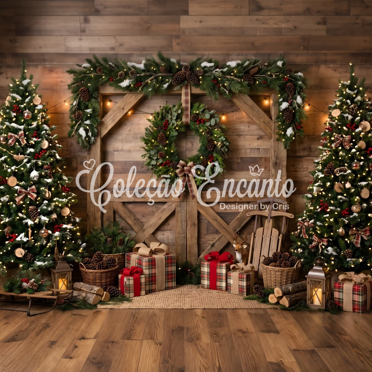Toile de fond de Noël avec grange rustique couronne et luge pour séance photo CEM65-208
