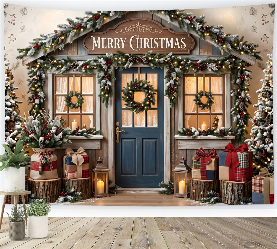 Toile de fond de boutique de Noël avec porte bleue rustique et couronne CEM65-209
