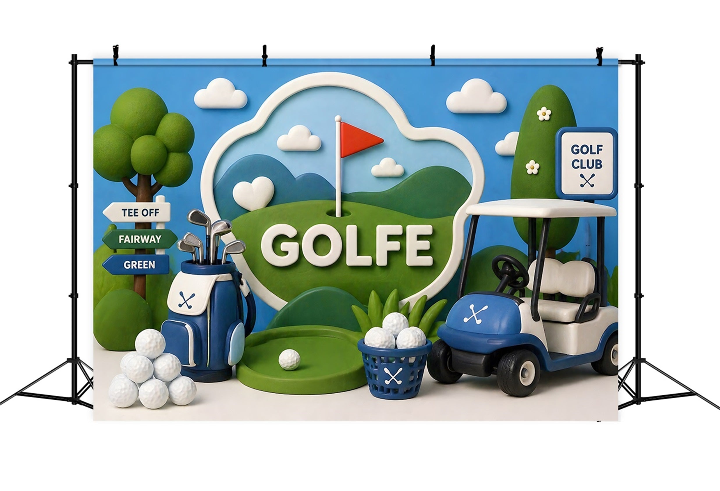 Toile de fond photo pour enfant avec parcours de golf voiturette et trophée CEM65-21
