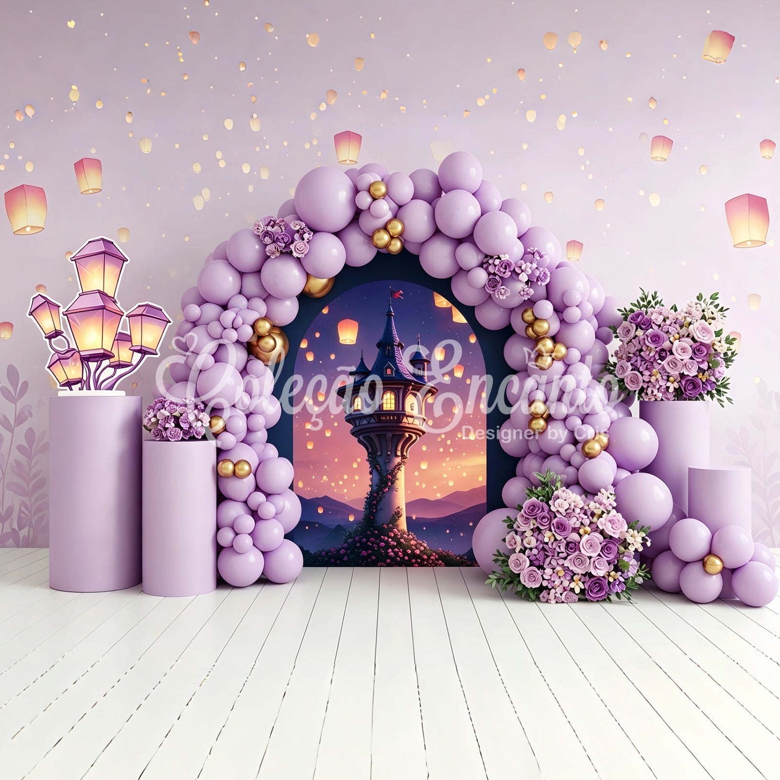 Toile de fond photo pour nouveau-né avec tour aux lanternes lavande et arche de ballons CEM65-212