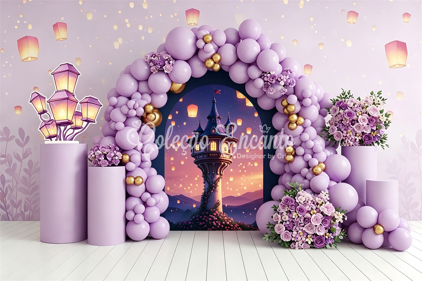 Toile de fond photo pour nouveau-né avec tour aux lanternes lavande et arche de ballons CEM65-212