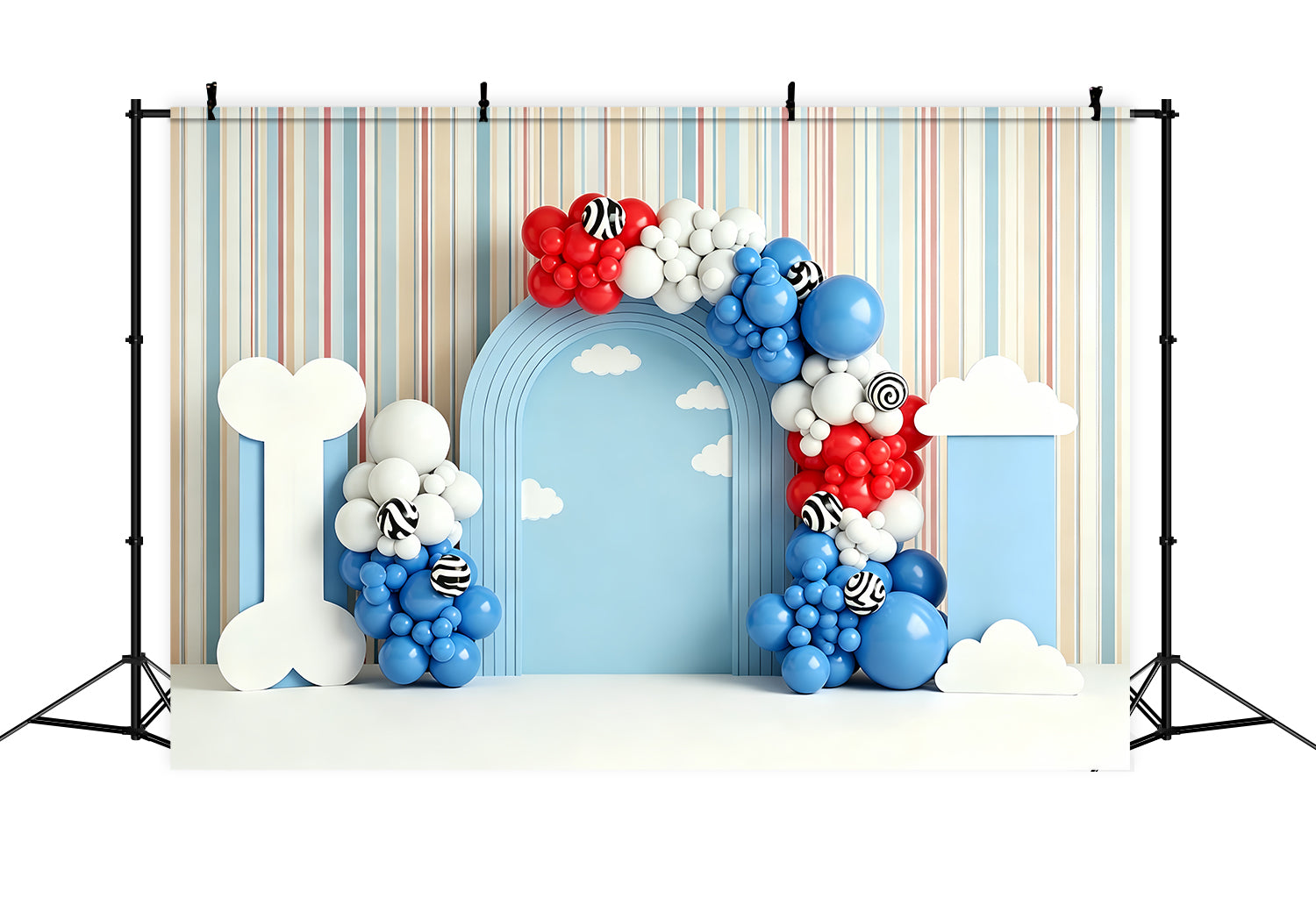 Toile de fond photo pour enfant avec chiot os nuages et arche de ballons CEM65-213