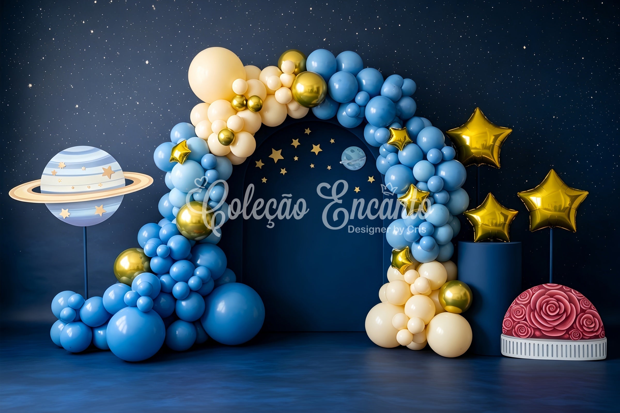 Toile de fond en tissu pour enfant avec planète étoilée et arche de ballons CEM65-214