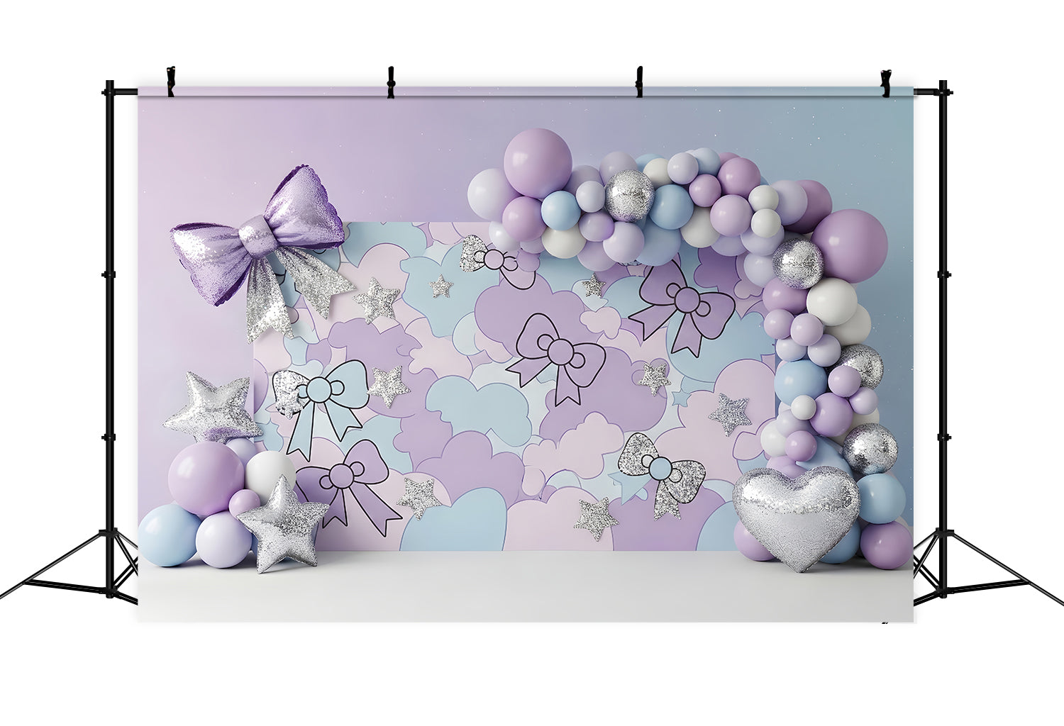 Toile de fond photo pour nouveau-né avec nœud pastel nuages et étoiles argentées CEM65-215