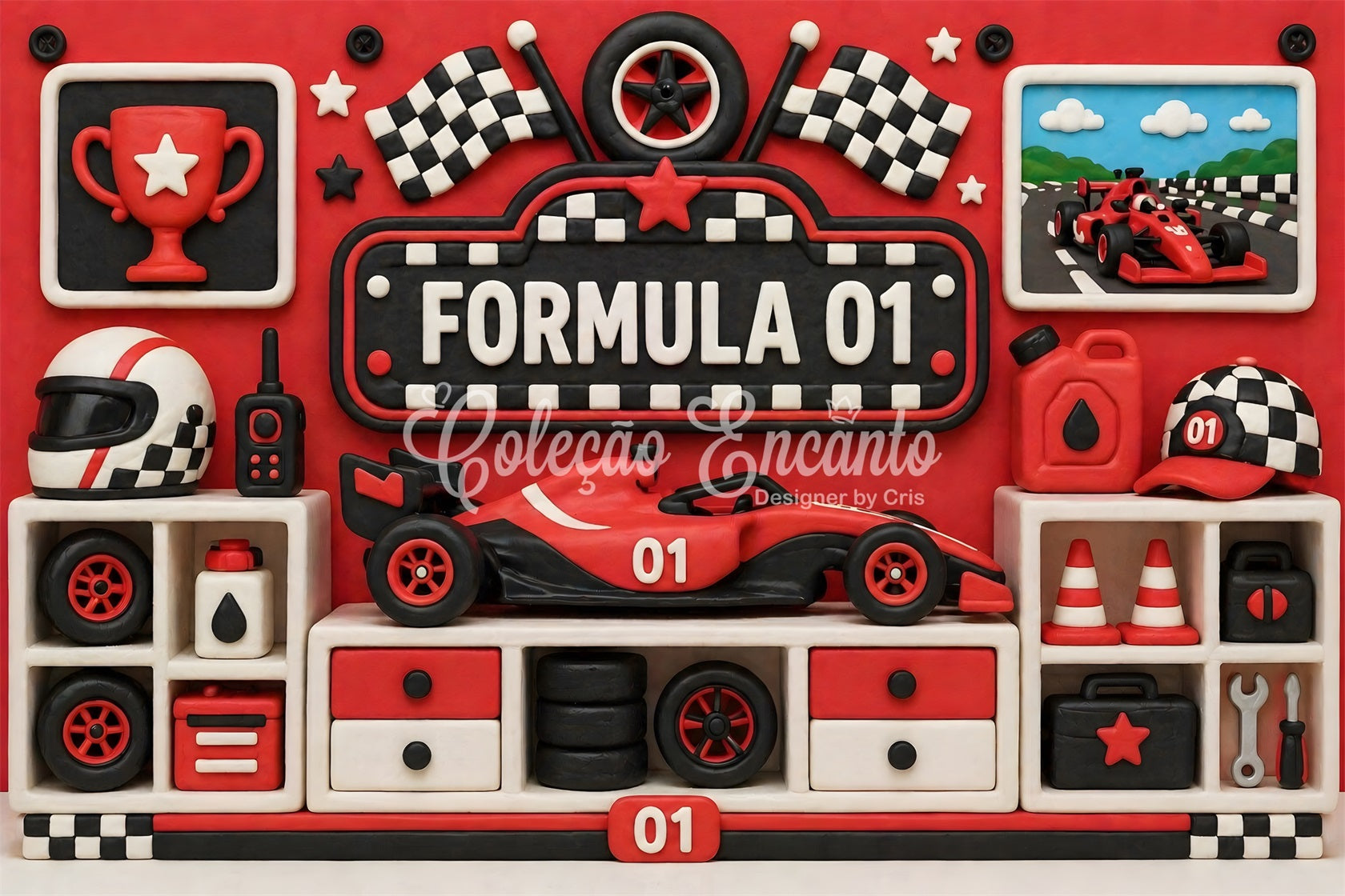 Toile de fond photo pour enfant avec formule de course rouge trophée et mur de garage CEM65-23