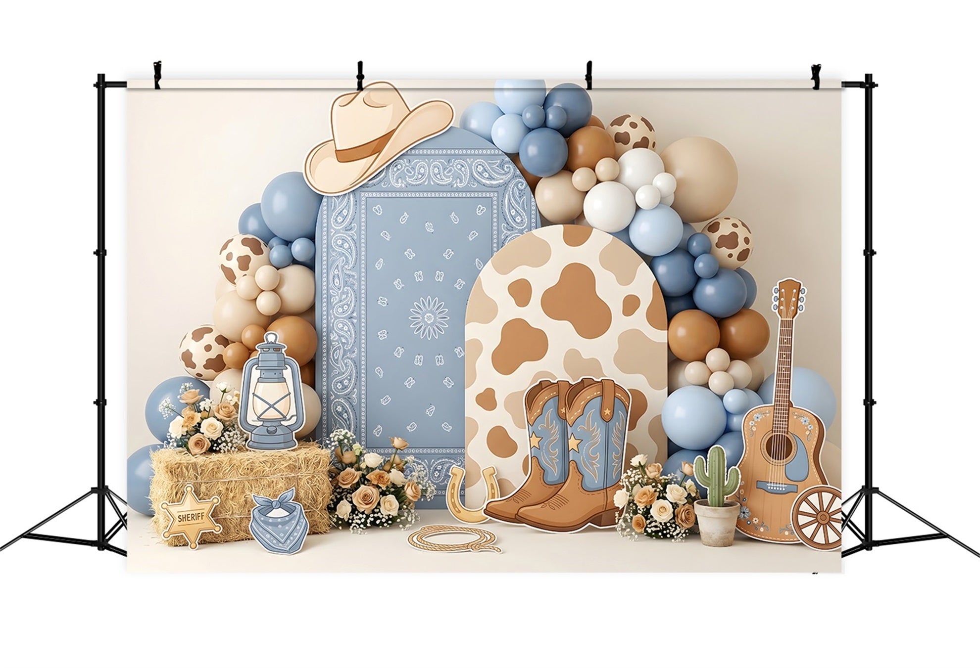 Toile de fond pour enfant avec ballons bleus et décor de cavalière de l’Ouest américain CEM65-24