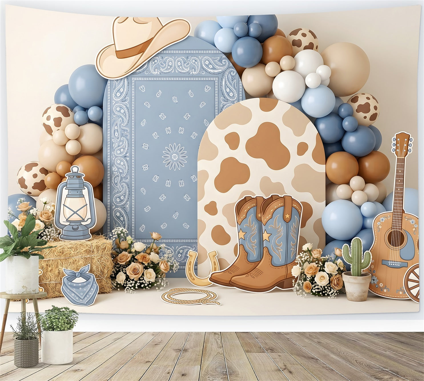 Toile de fond pour enfant avec ballons bleus et décor de cavalière de l’Ouest américain CEM65-24