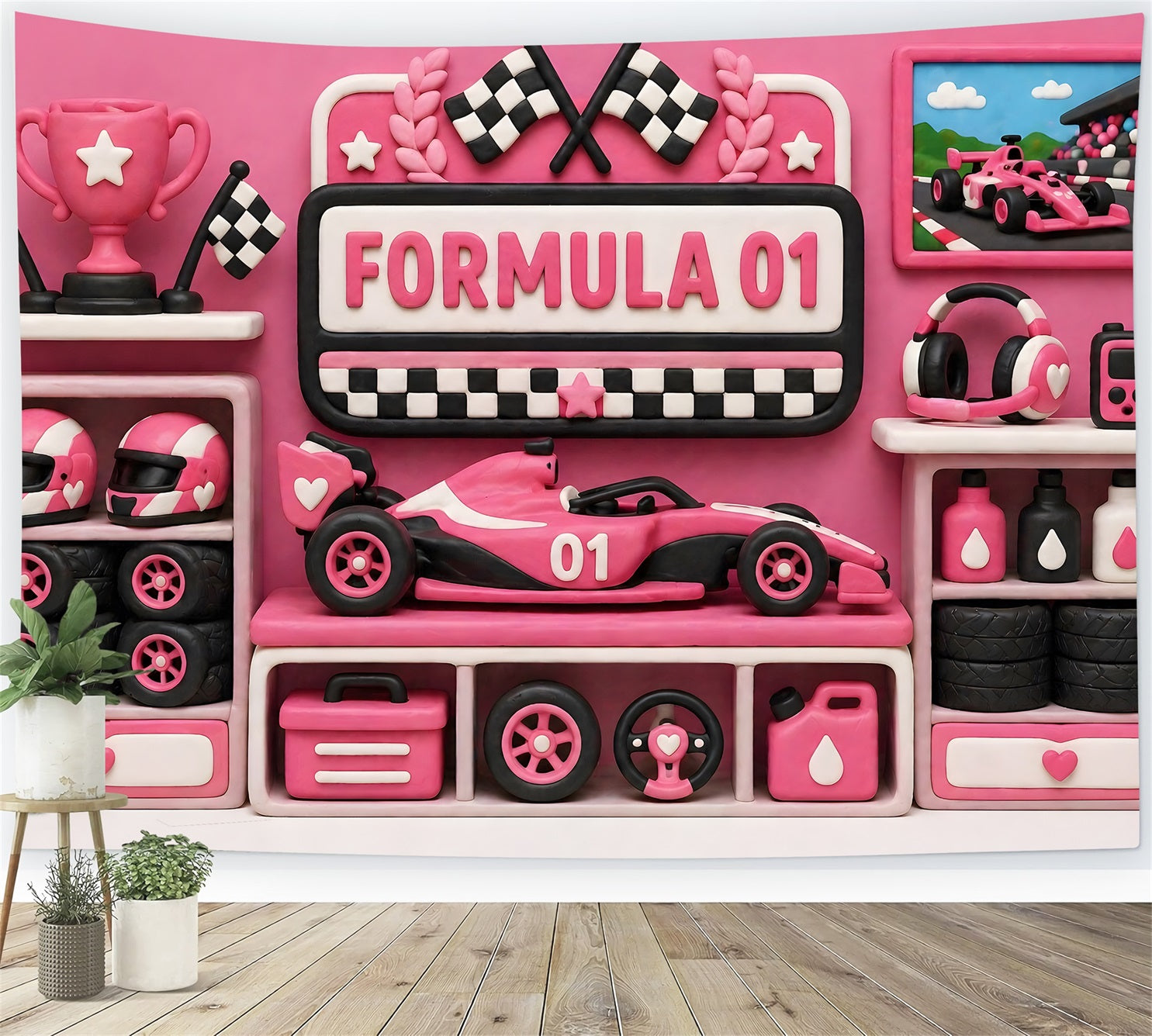 Toile de fond photo pour enfant et nouveau-né avec course rose trophée et garage CEM65-25