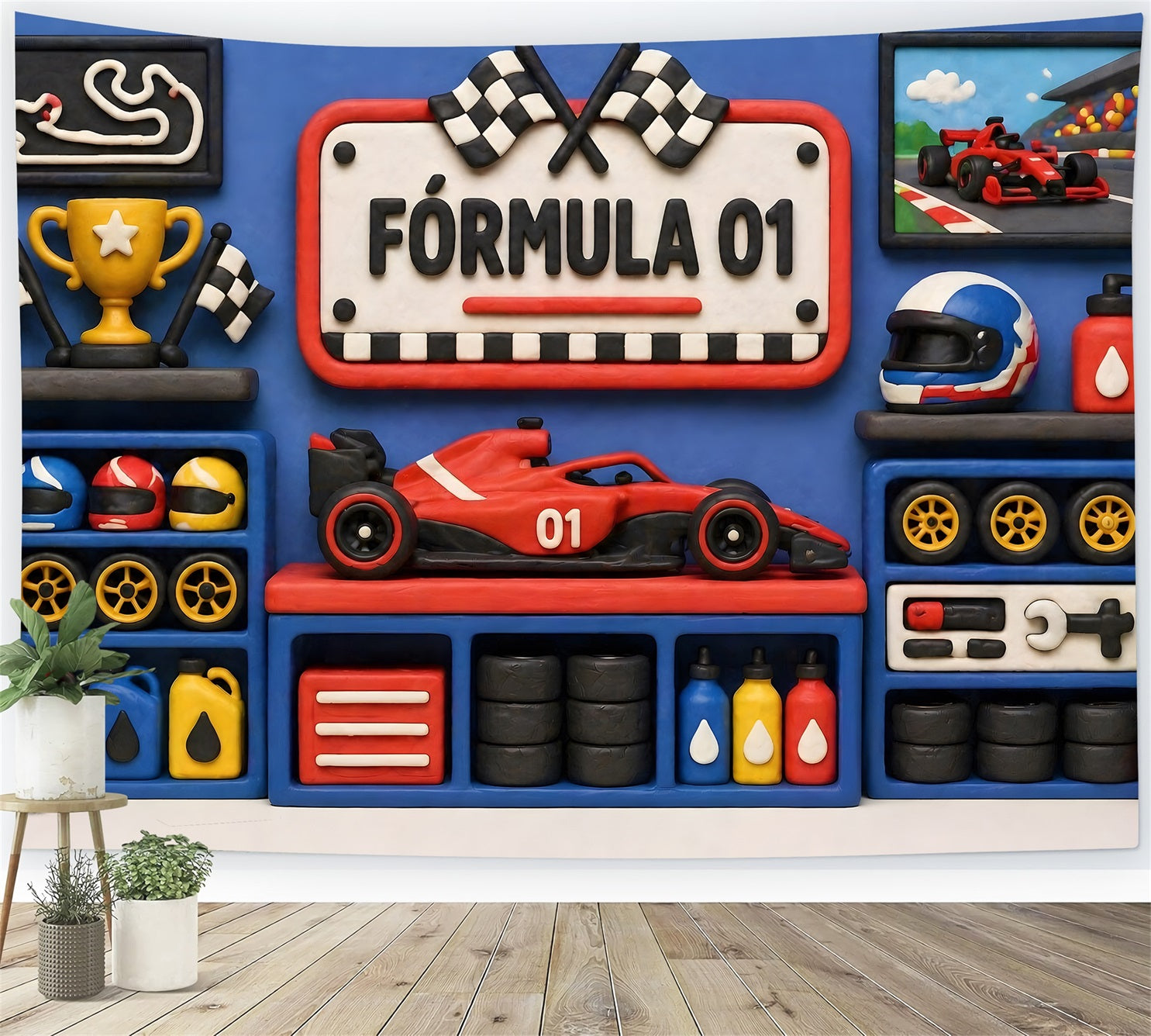 Toile de fond en tissu pour enfant avec garage de course bleu et trophée CEM65-27