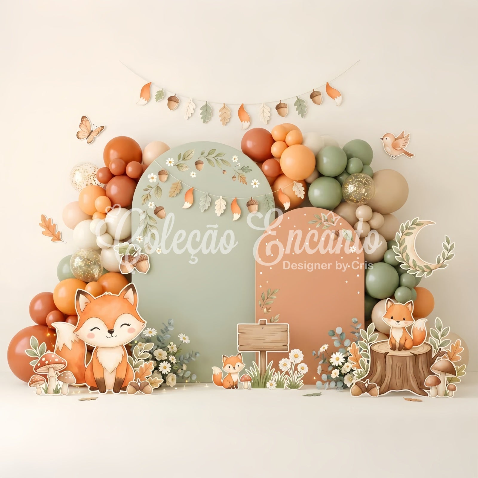 Toile de fond photo pour enfant avec renard d’automne forêt et arche de ballons CEM65-28