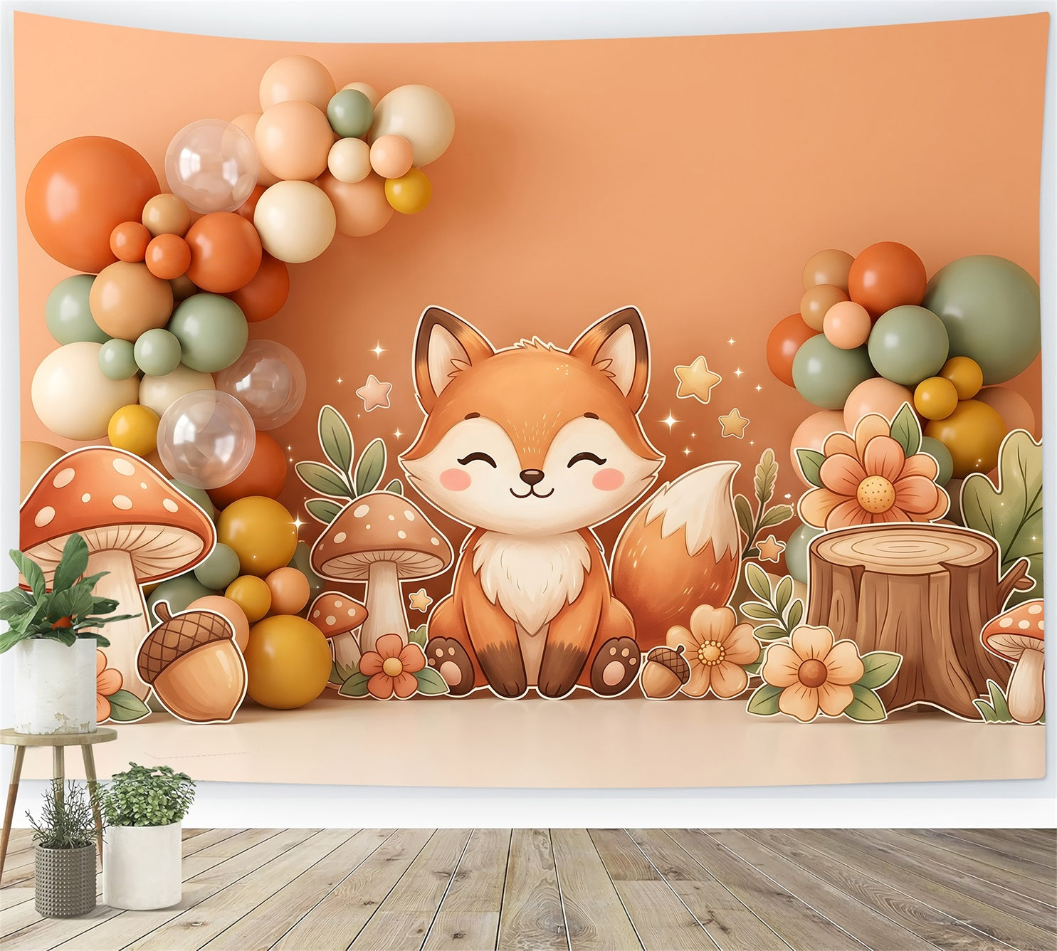 Toile de fond pour enfant et nouveau-né avec renard d’automne champignons et ballons CEM65-29