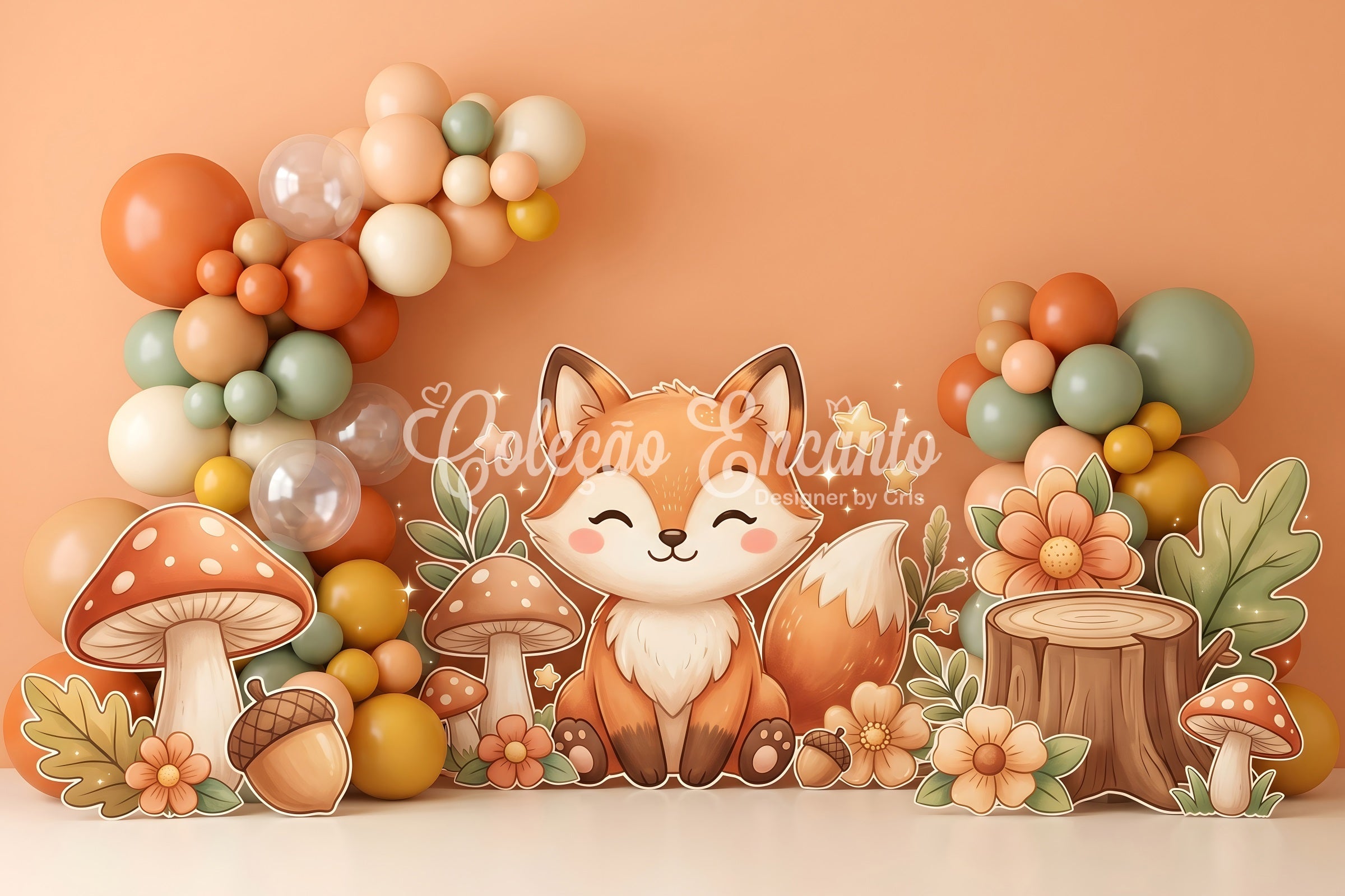 Toile de fond pour enfant et nouveau-né avec renard d’automne champignons et ballons CEM65-29