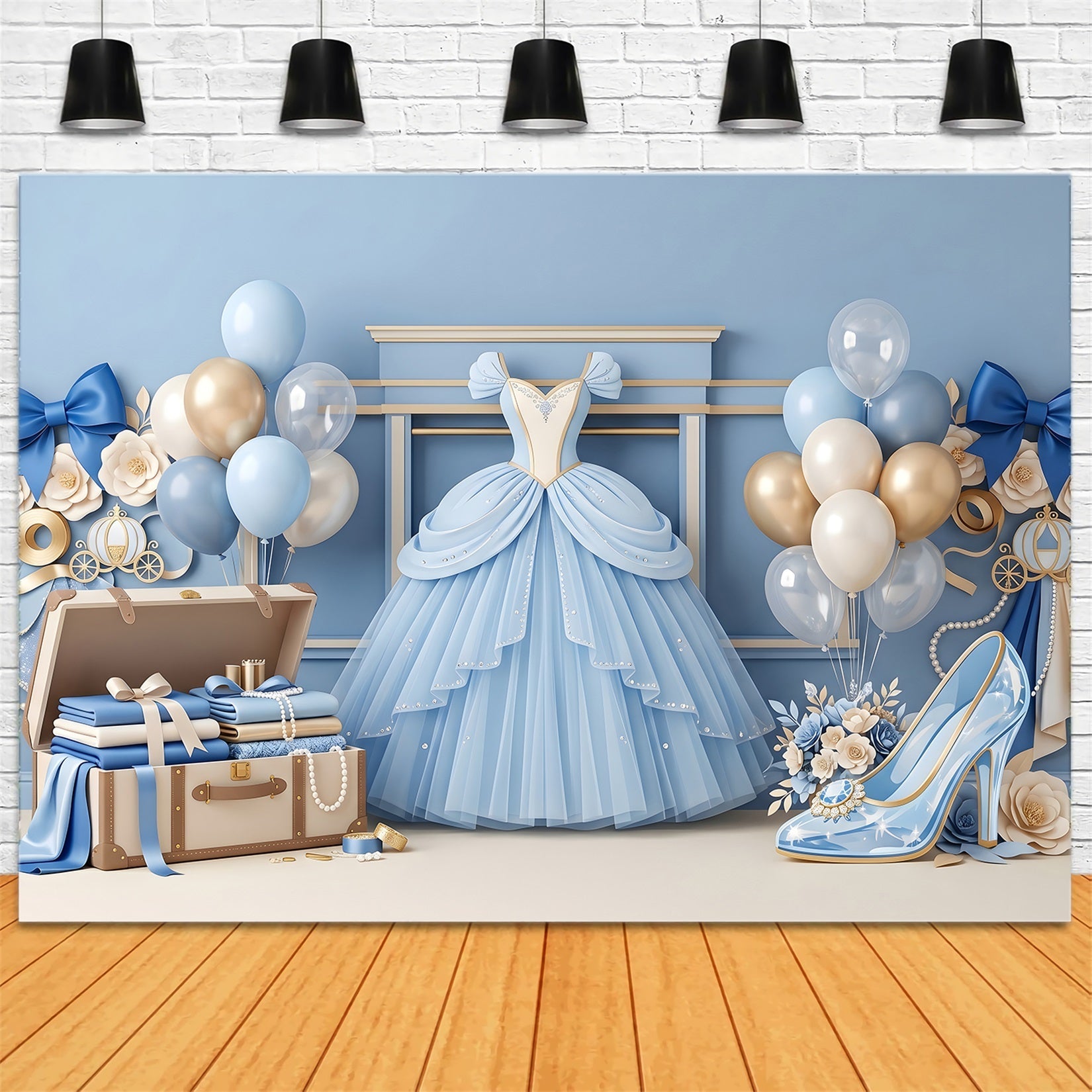 Toile de fond photo pour enfant avec robe de princesse bleue et ballons CEM65-3