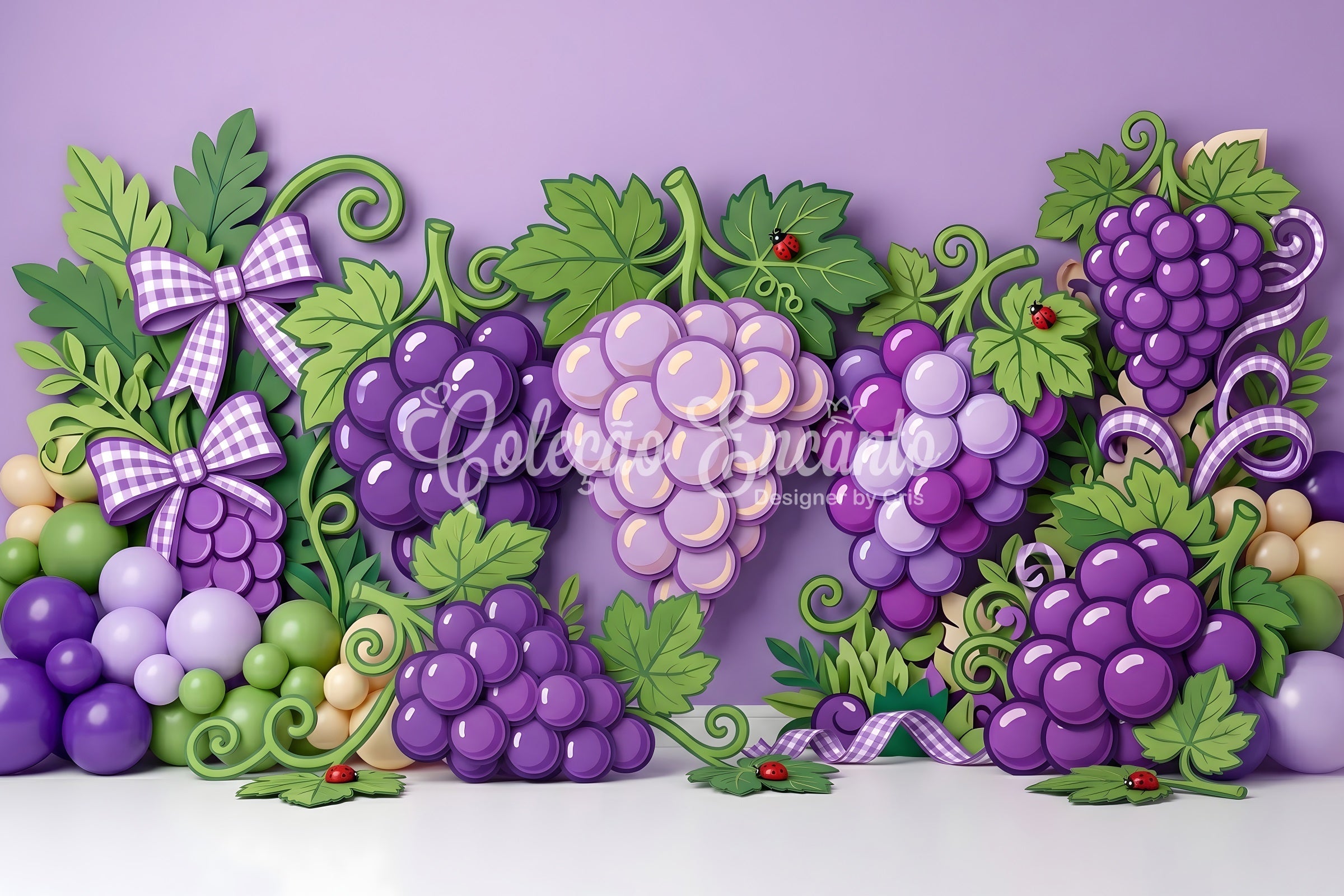 Toile de fond photo pour enfant avec raisins violets vigne et guirlande de ballons CEM65-30