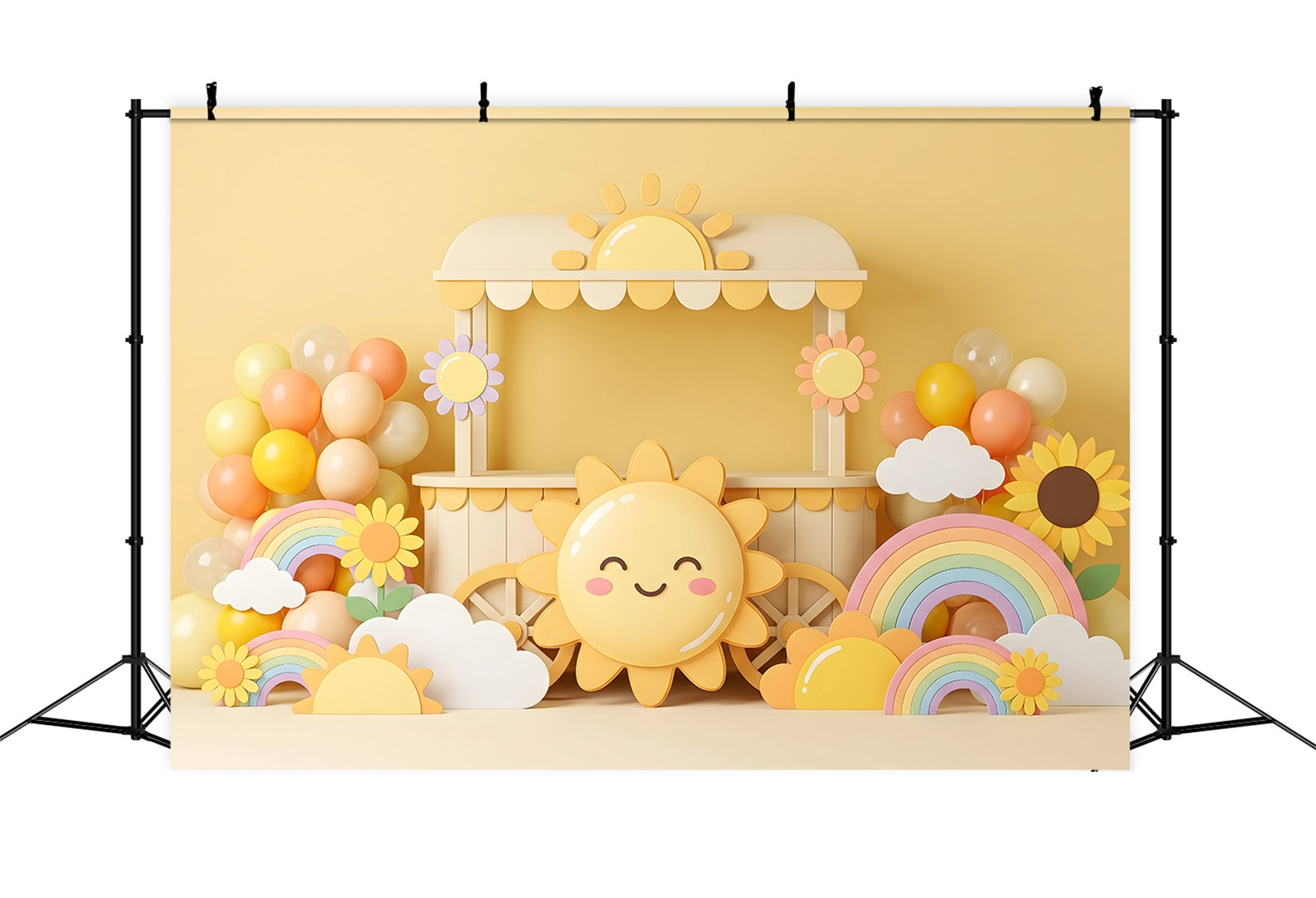 Toile de fond pour nouveau-né avec soleil arc-en-ciel ballons et chariot CEM65-31