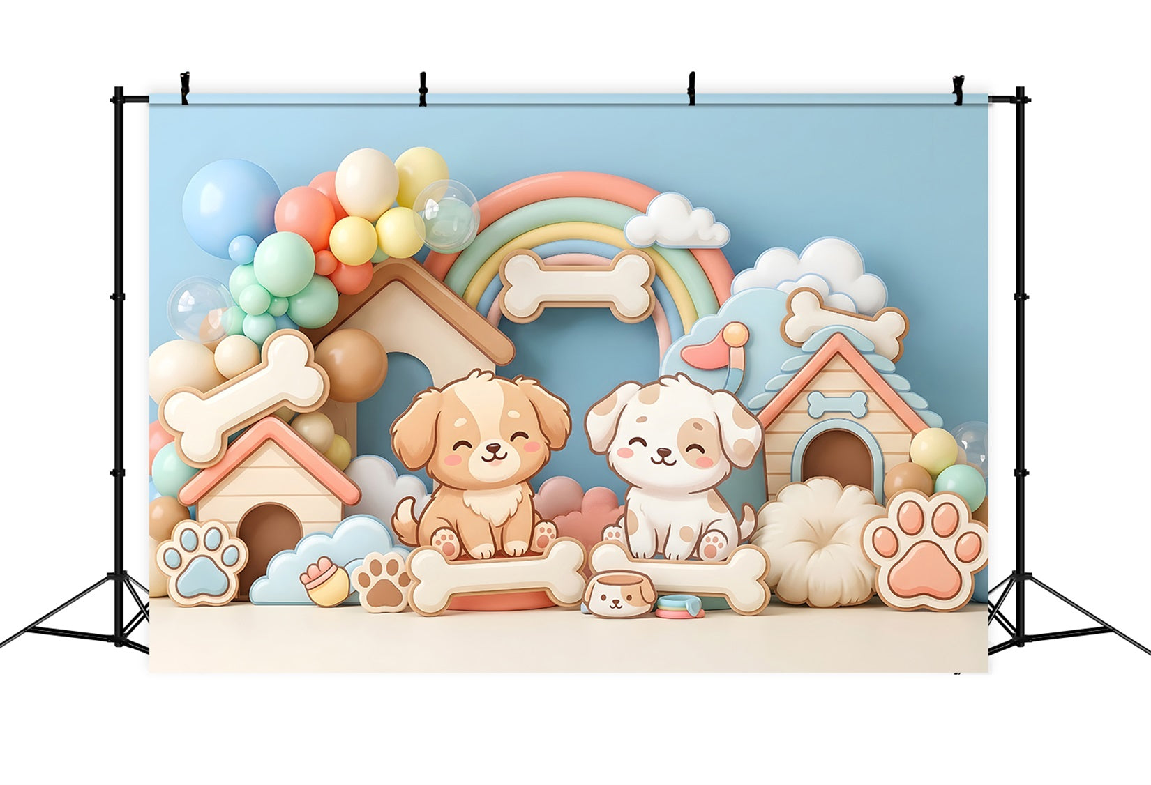 Toile de fond photo pour enfant avec chiot niche arc-en-ciel et ballons CEM65-32