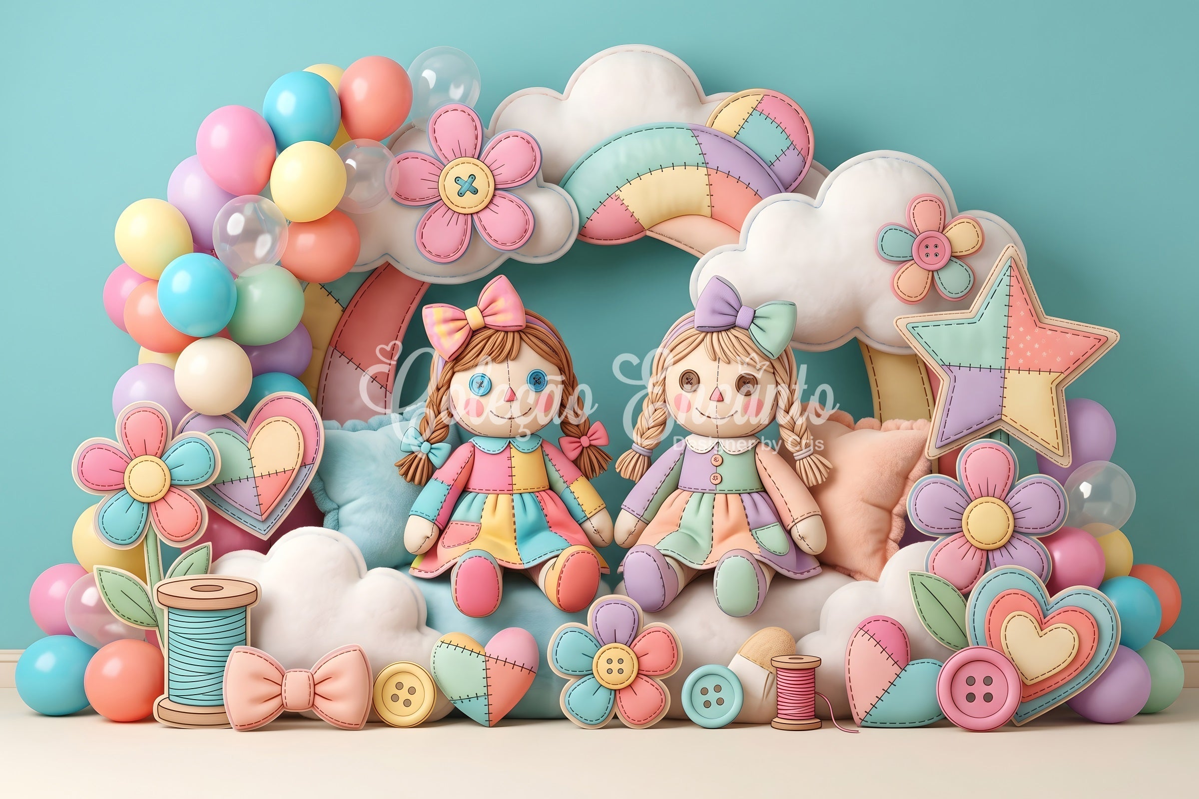 Toile de fond pour bébé et enfant avec poupée en tissu assemblé arc-en-ciel et ballons CEM65-33