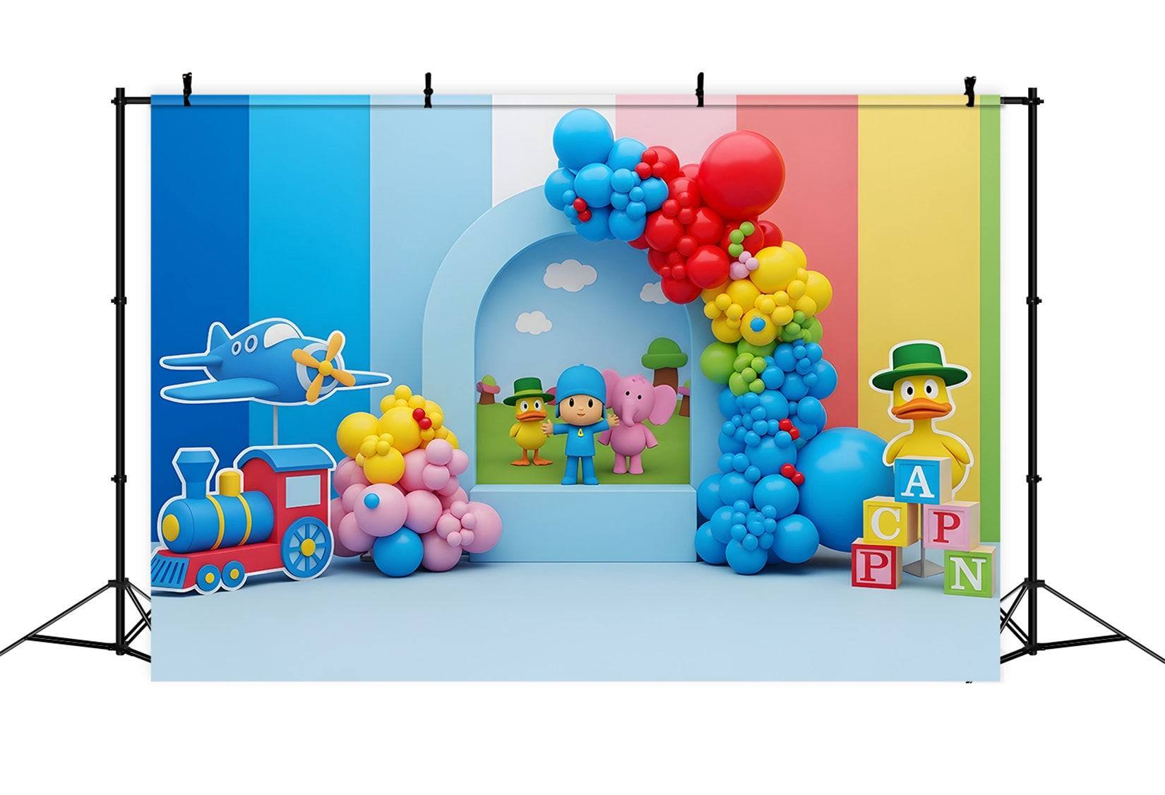 Toile de fond pour enfant et nouveau-né avec train jouet coloré avion et cubes CEM65-36