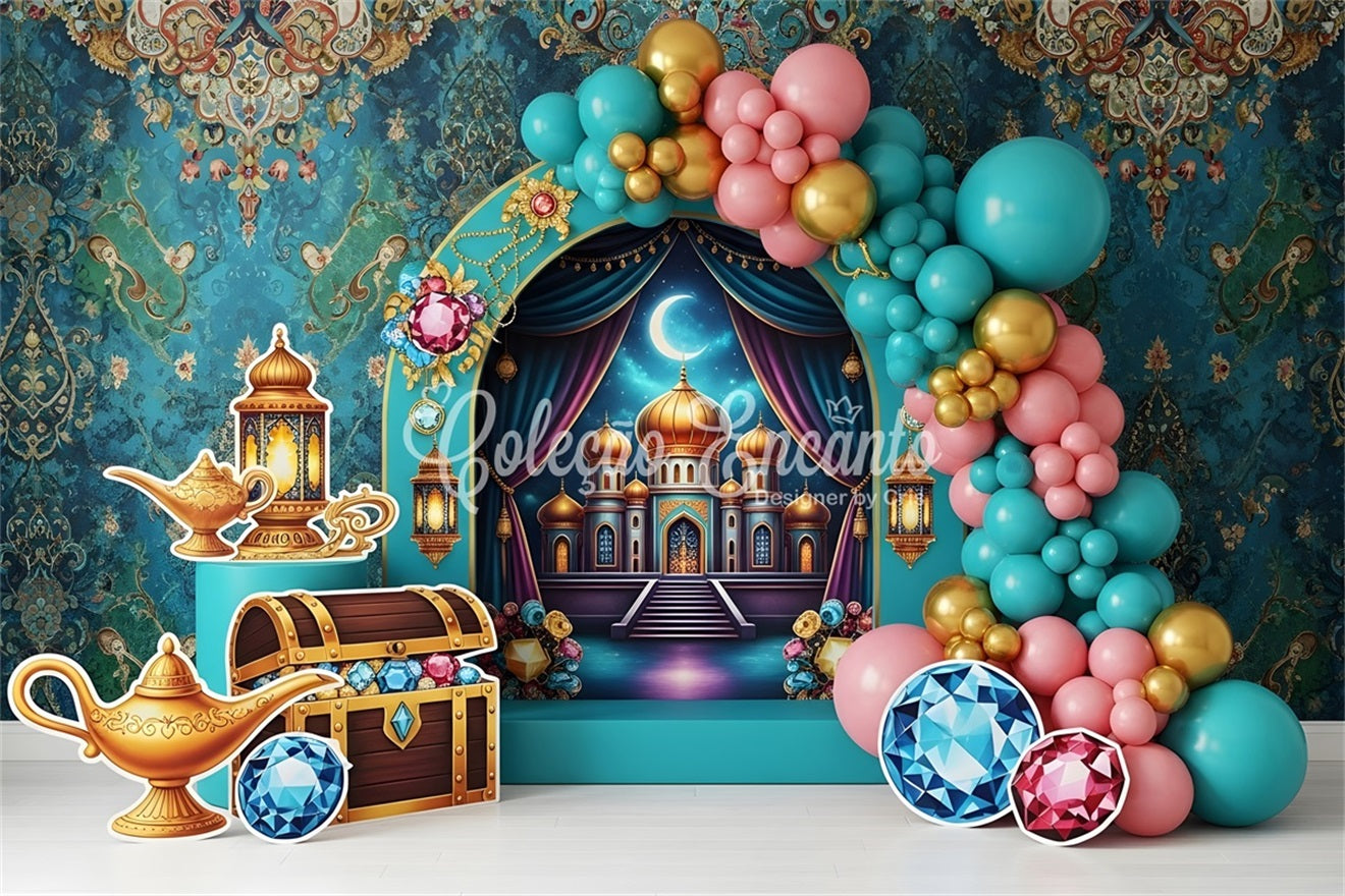 Toile de fond pour enfant avec palais arabe trésor et arche de ballons CEM65-38