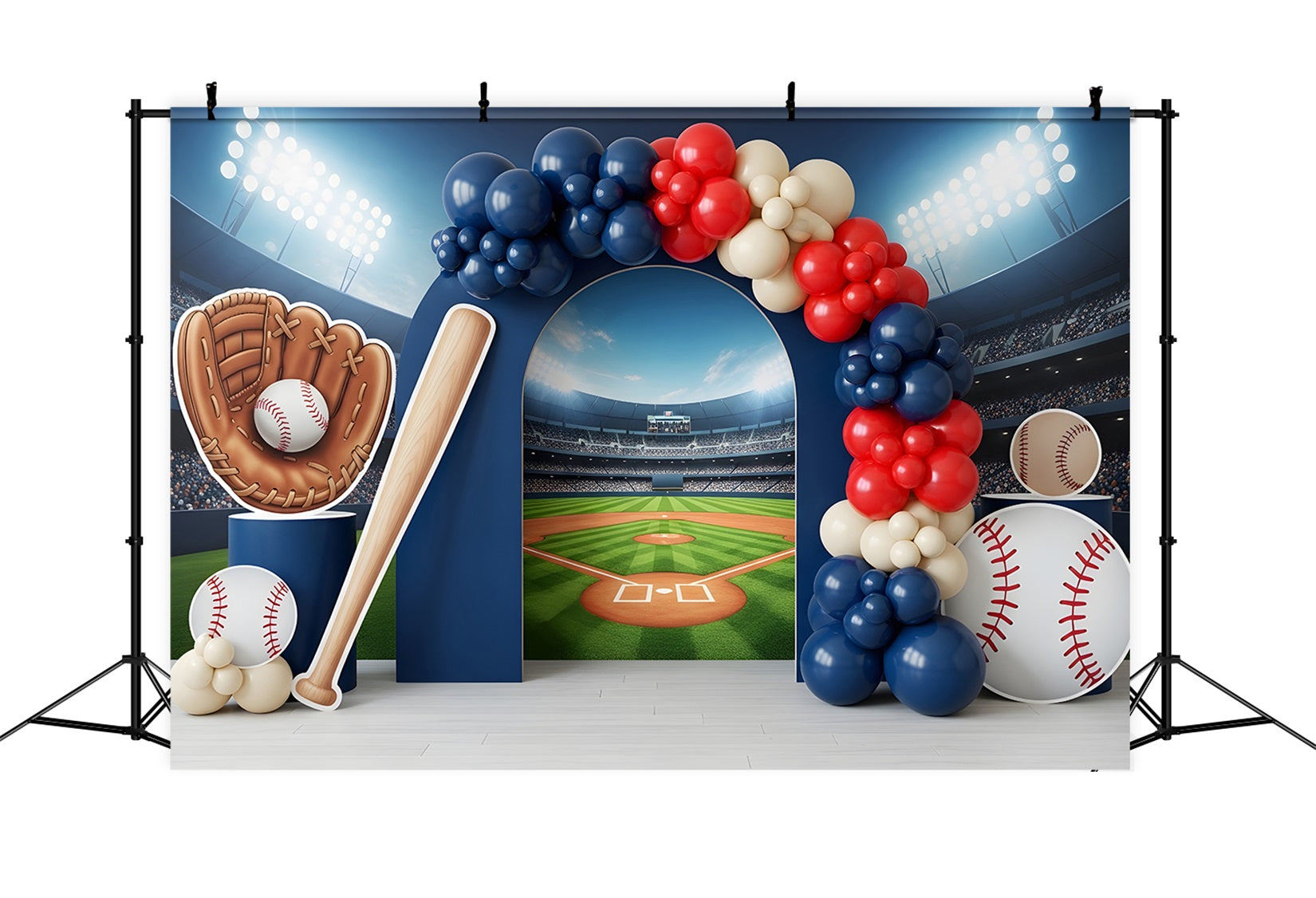 Toile de fond photo pour enfant avec stade de baseball et arche de ballons sportifs CEM65-39