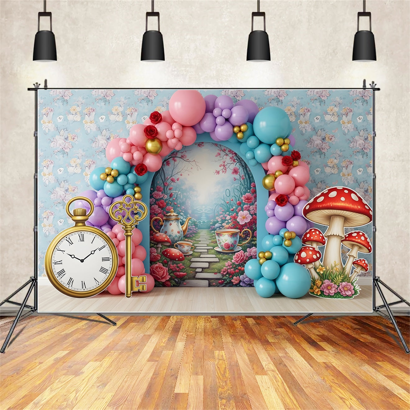 Toile de fond photo pour enfant avec jardin du pays des merveilles thé et arche de ballons CEM65-42