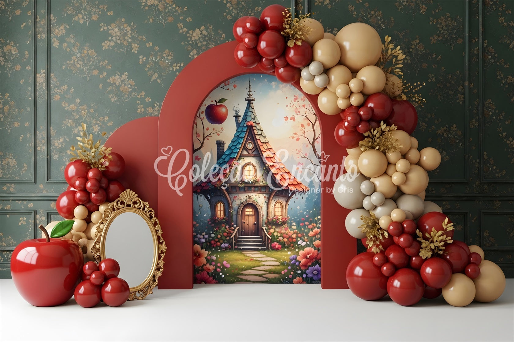 Toile de fond photo pour nouveau-né et enfant avec maison féerique pommes et arche de ballons CEM65-44