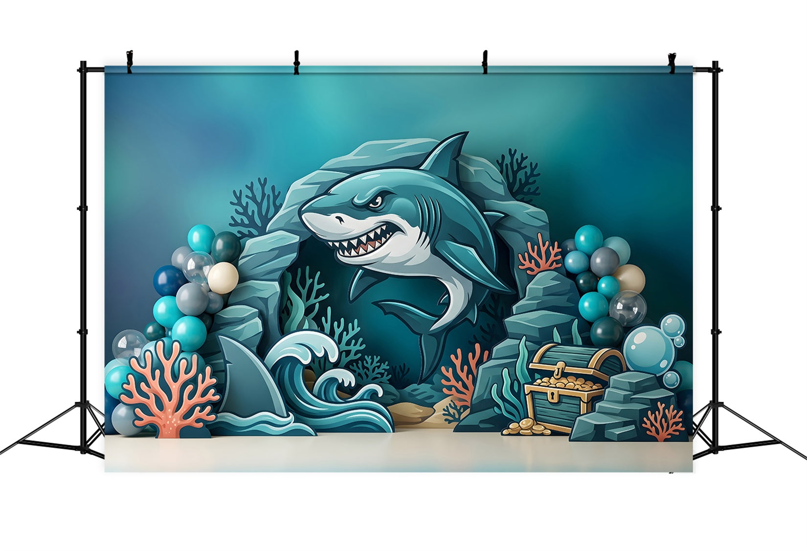 Toile de fond pour enfant avec requin océan trésor coraux et grotte CEM65-48