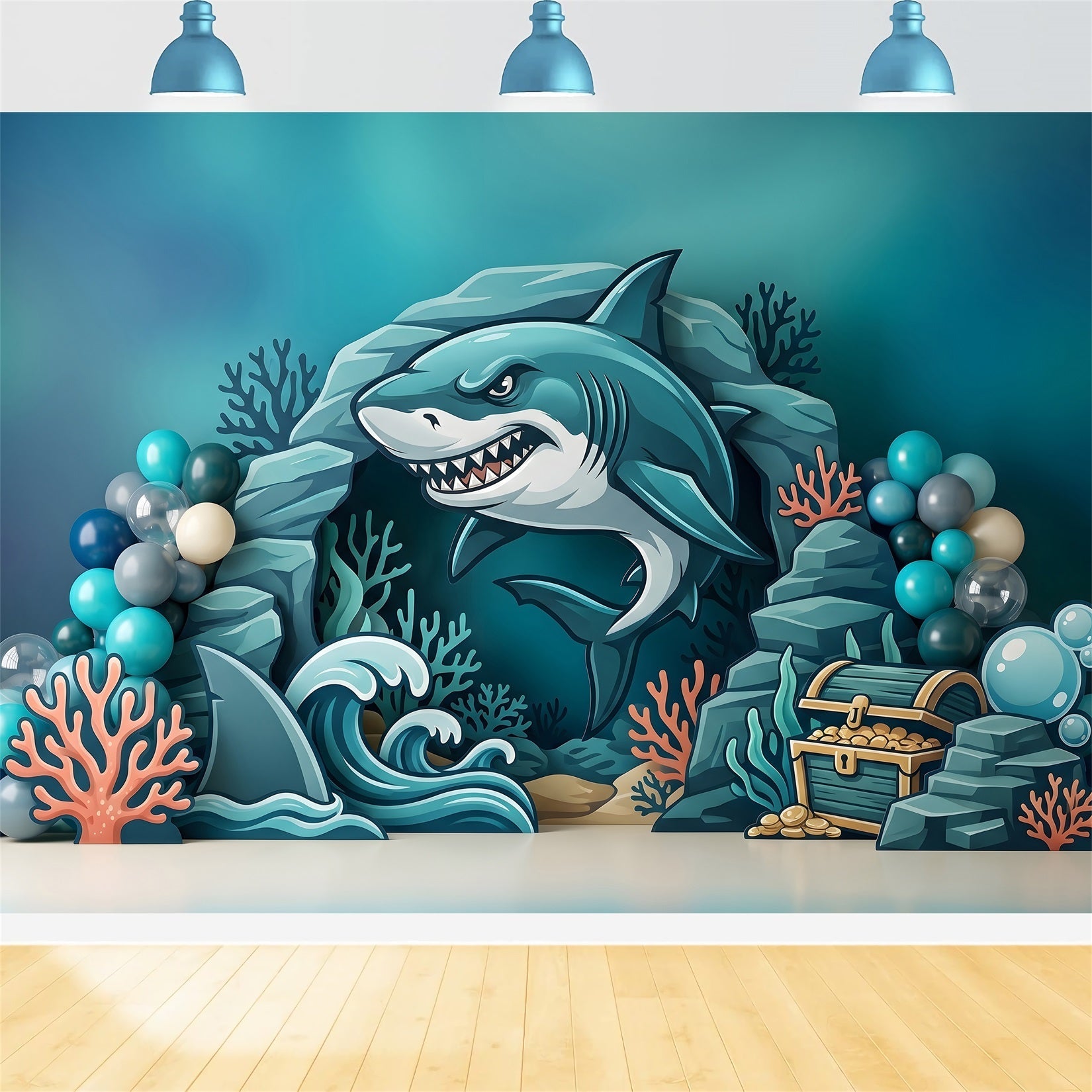 Toile de fond pour enfant avec requin océan trésor coraux et grotte CEM65-48
