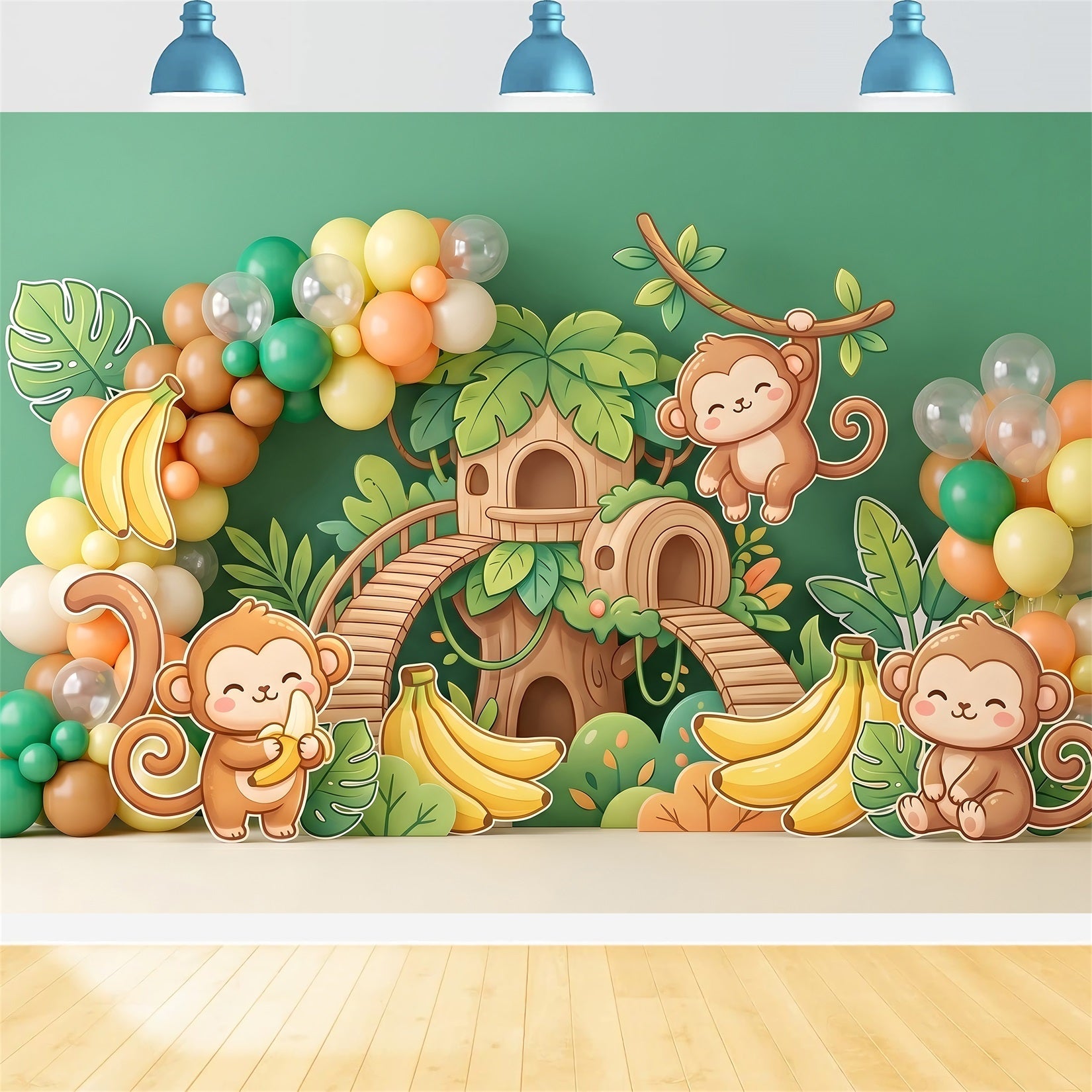 Toile de fond photo pour bébé avec jungle singe bananier et cabane dans les arbres CEM65-49