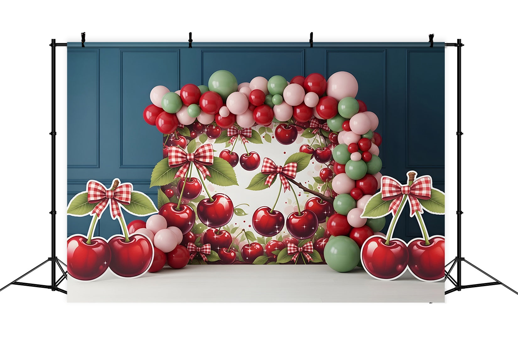 Toile de fond photo pour nouveau-né avec arche de ballons et nœud cerise CEM65-5