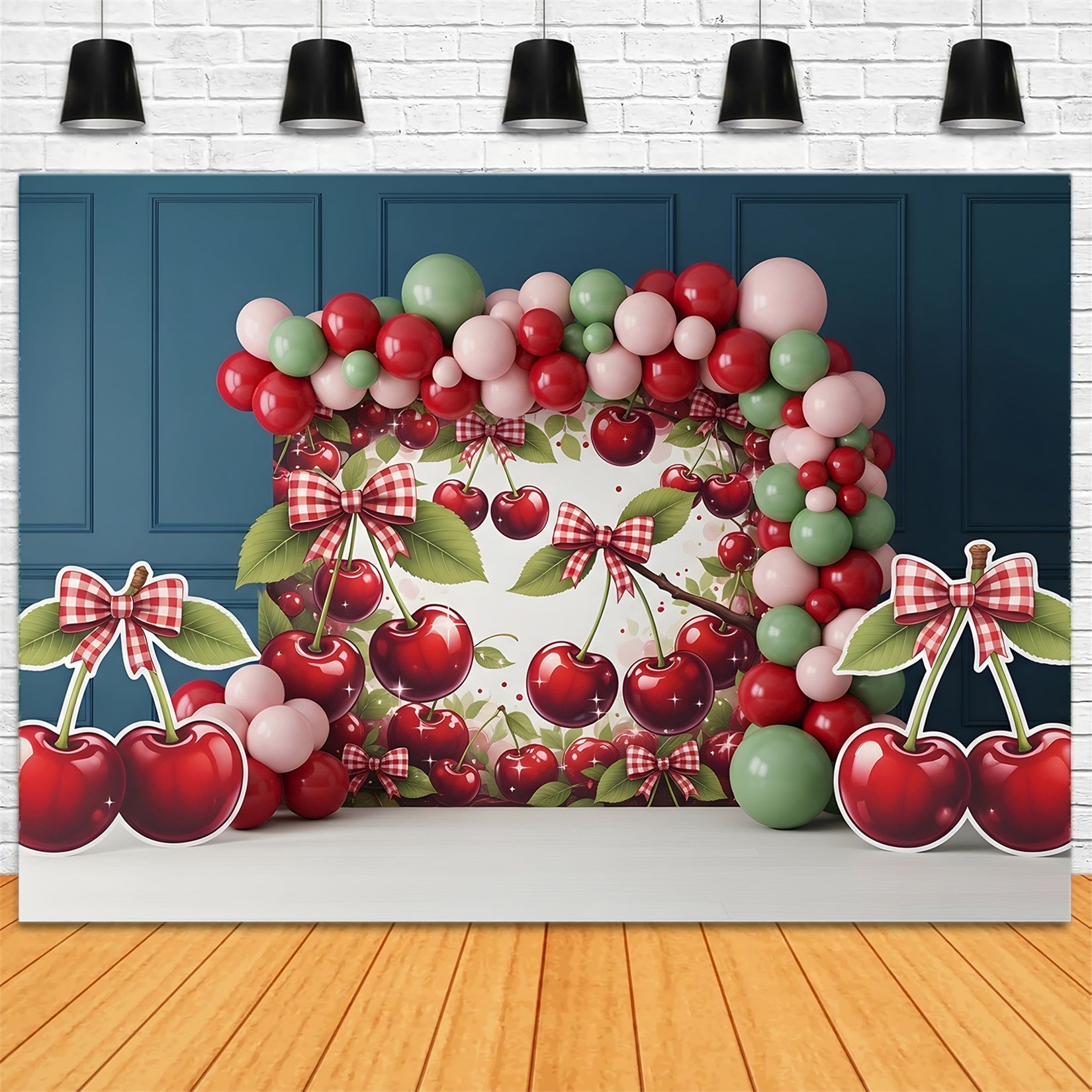 Toile de fond photo pour nouveau-né avec arche de ballons et nœud cerise CEM65-5