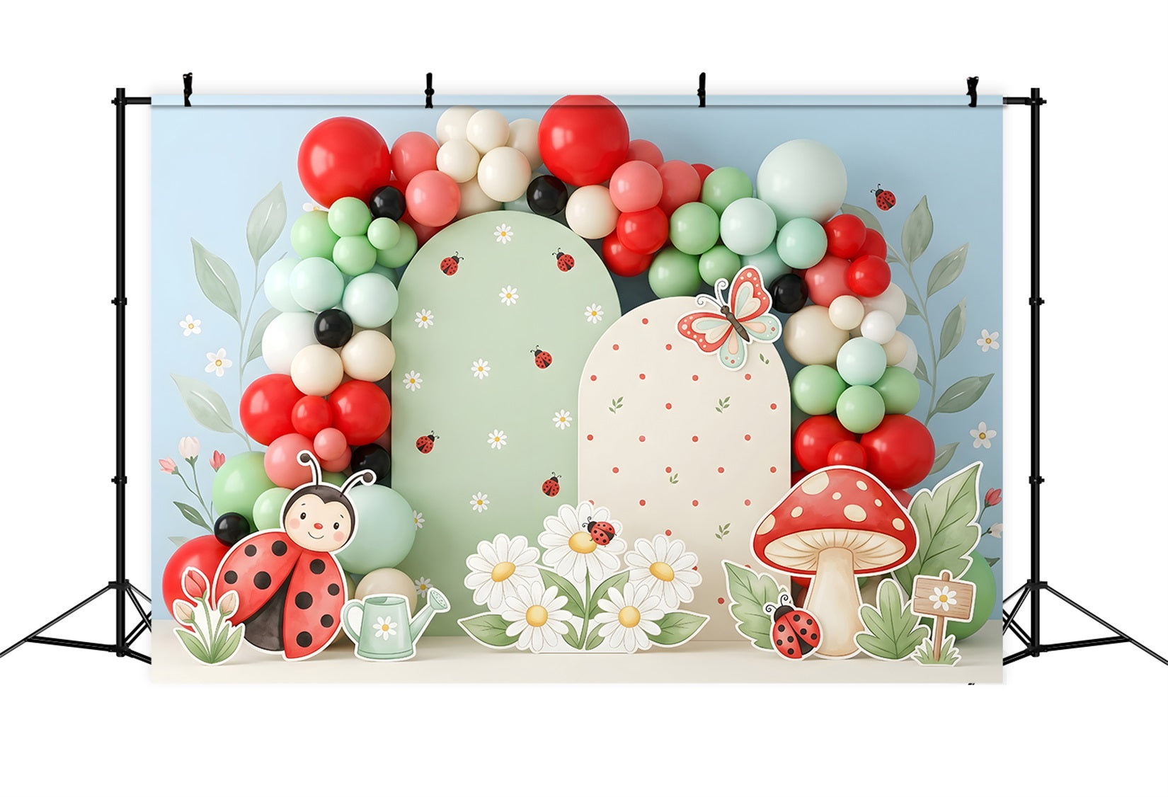 Toile de fond pour bébé et enfant avec coccinelles marguerites champignons et ballons CEM65-50